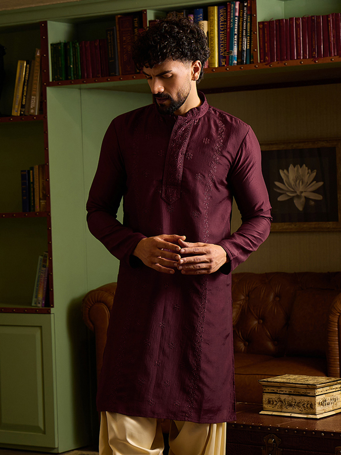Image of CHHAAP Embroidered Silk Blend Straight Kurta for Men (Maroon)