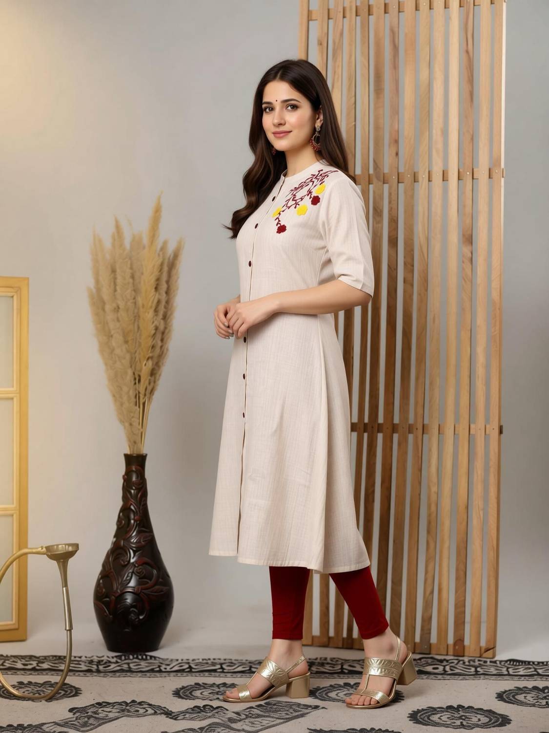 LOOMS21 Women Embroidered A-line Kurta Beige - Image 2