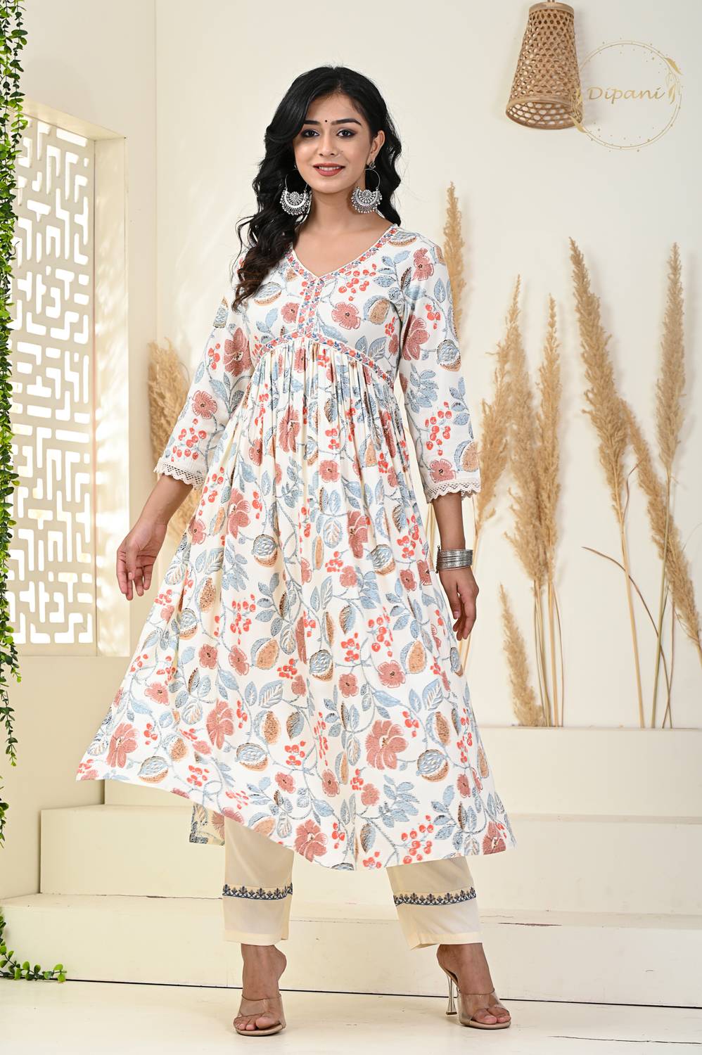 DIPANI Women Printed Viscose Rayon Anarkali Kurta (White)