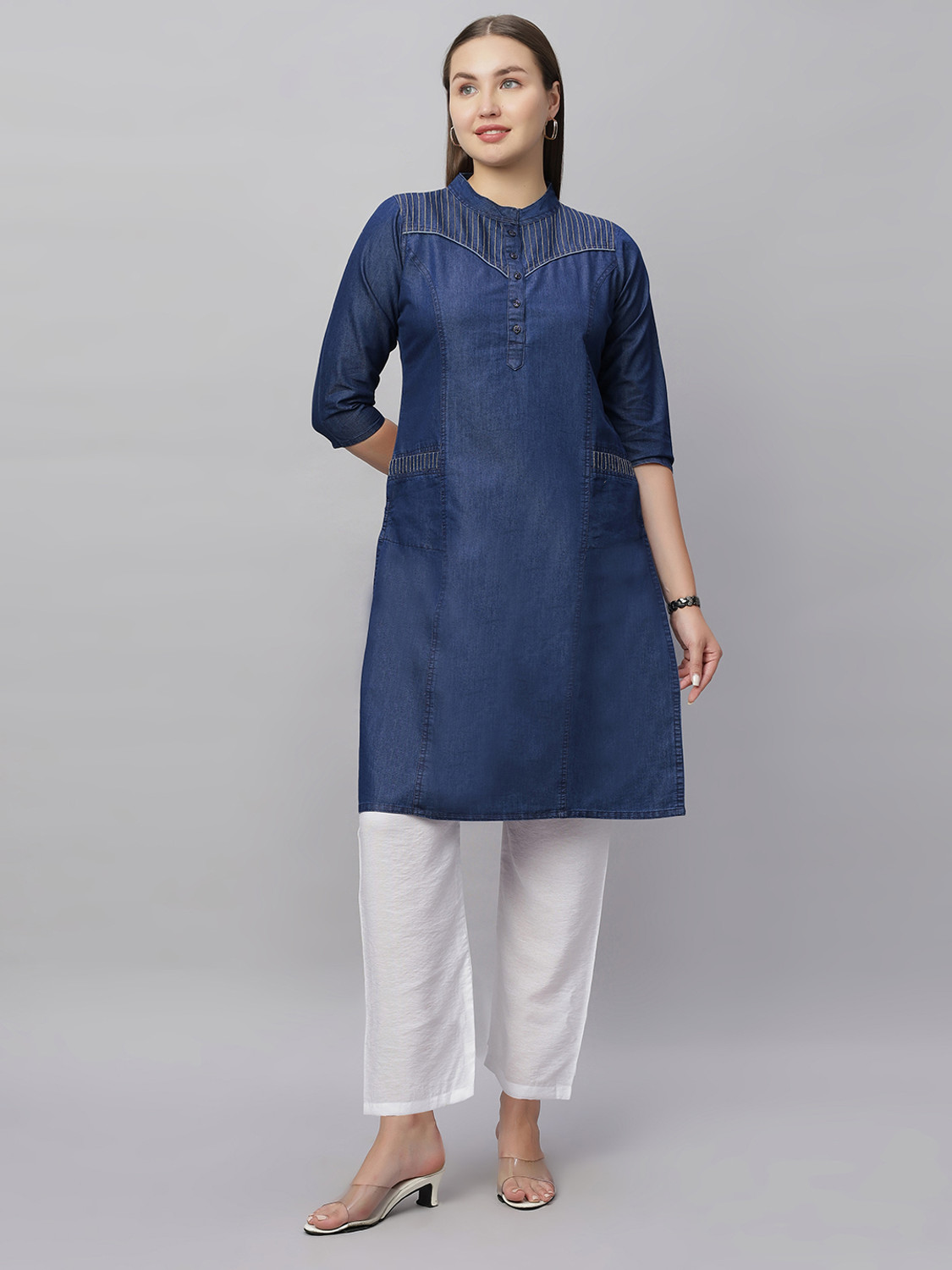 Image of SK Creation Self Design Cotton Blend Straight Kurta for Women (Blue)