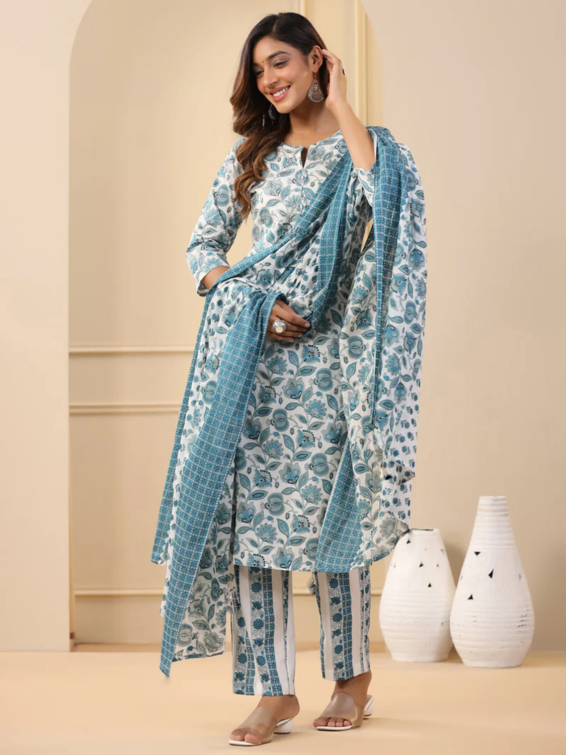Image of Assume Fab Pack of 3 Printed Cotton Blend Straight Kurta for Women With Attached Dupatta (White)