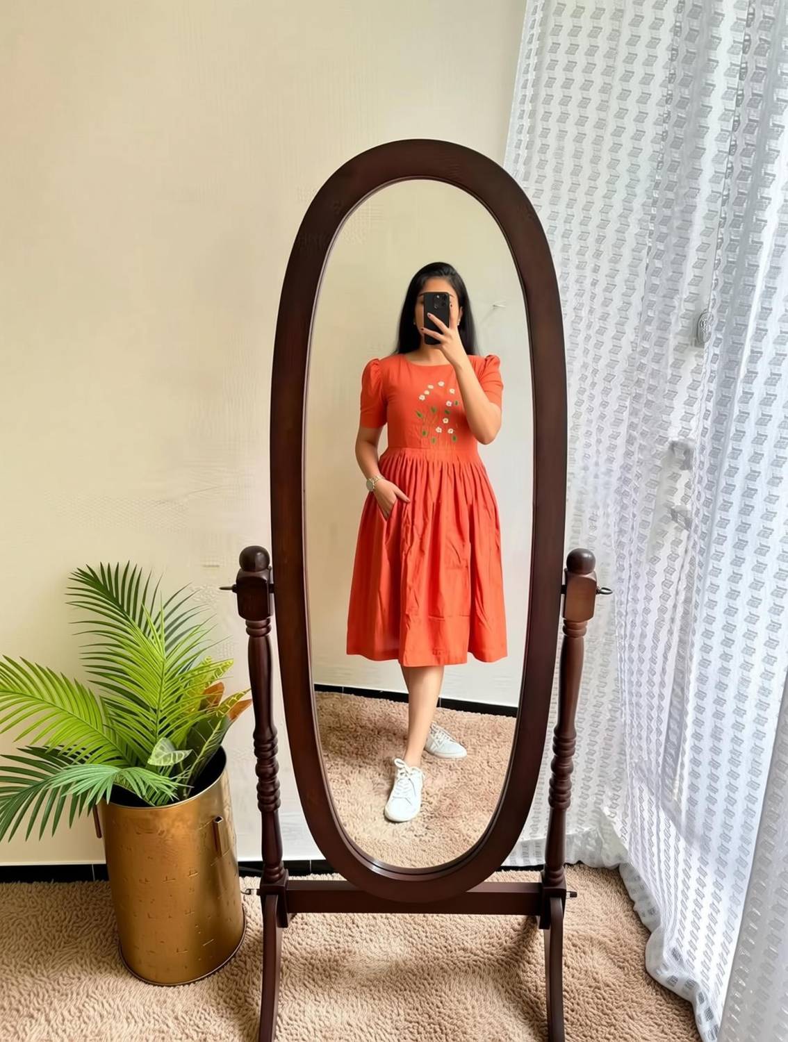 Aayesha Textile Women Gathered Orange Knee Length Dress