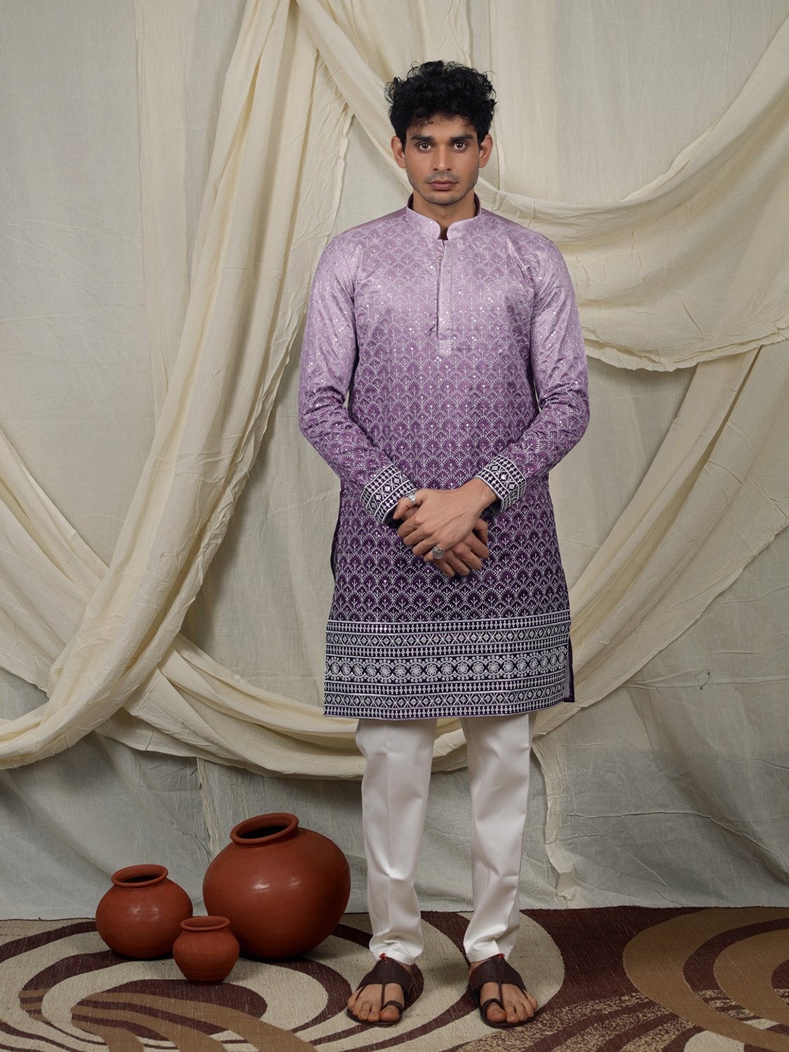 Image of Varbandhan Embroidered Silk Blend Straight Kurta for Men (Purple)
