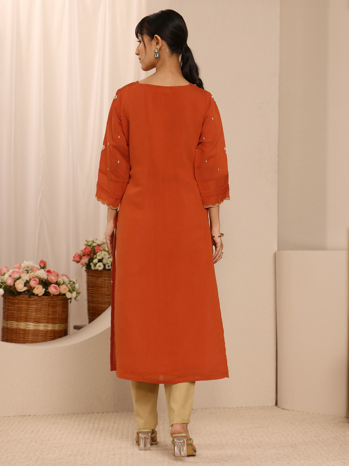 Image of LIBAS Printed Chanderi Straight Kurta for Women (Orange)
