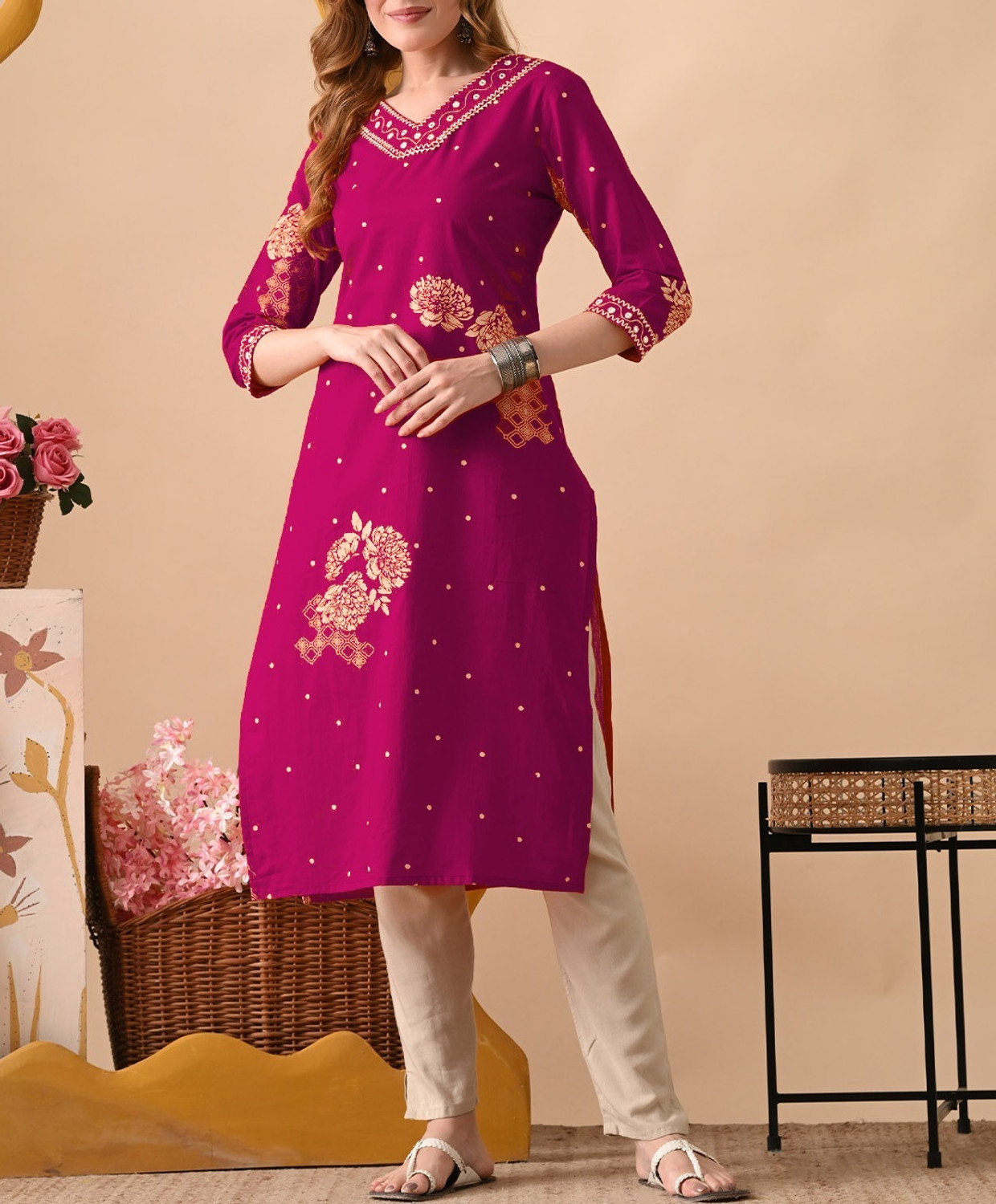 Image of Lerkiza Women Floral Print, Embroidered Straight Kurta