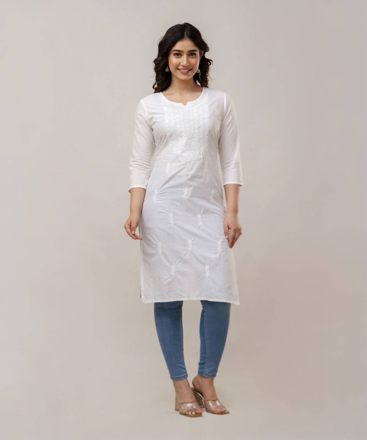 Gundia Fashion Women Embroidered Cotton Blend Straight Kurta (Whi