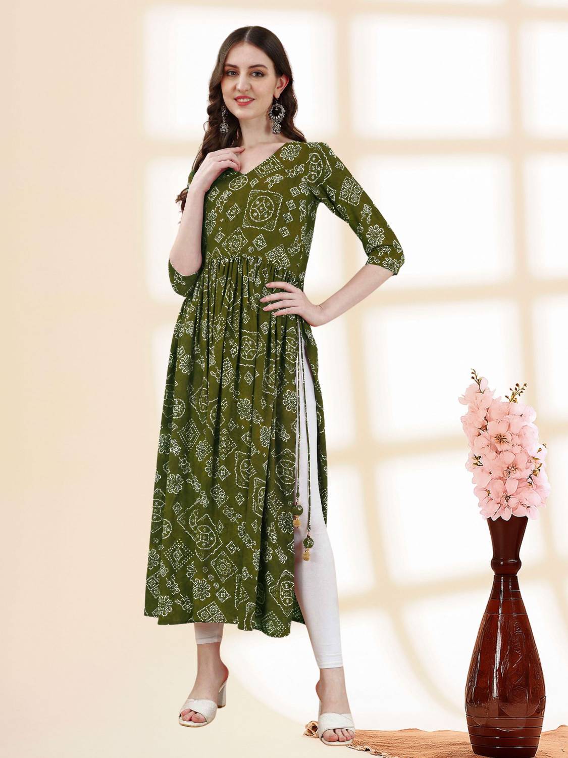 Majesta Women Printed Viscose Rayon Flared Kurta (Green)