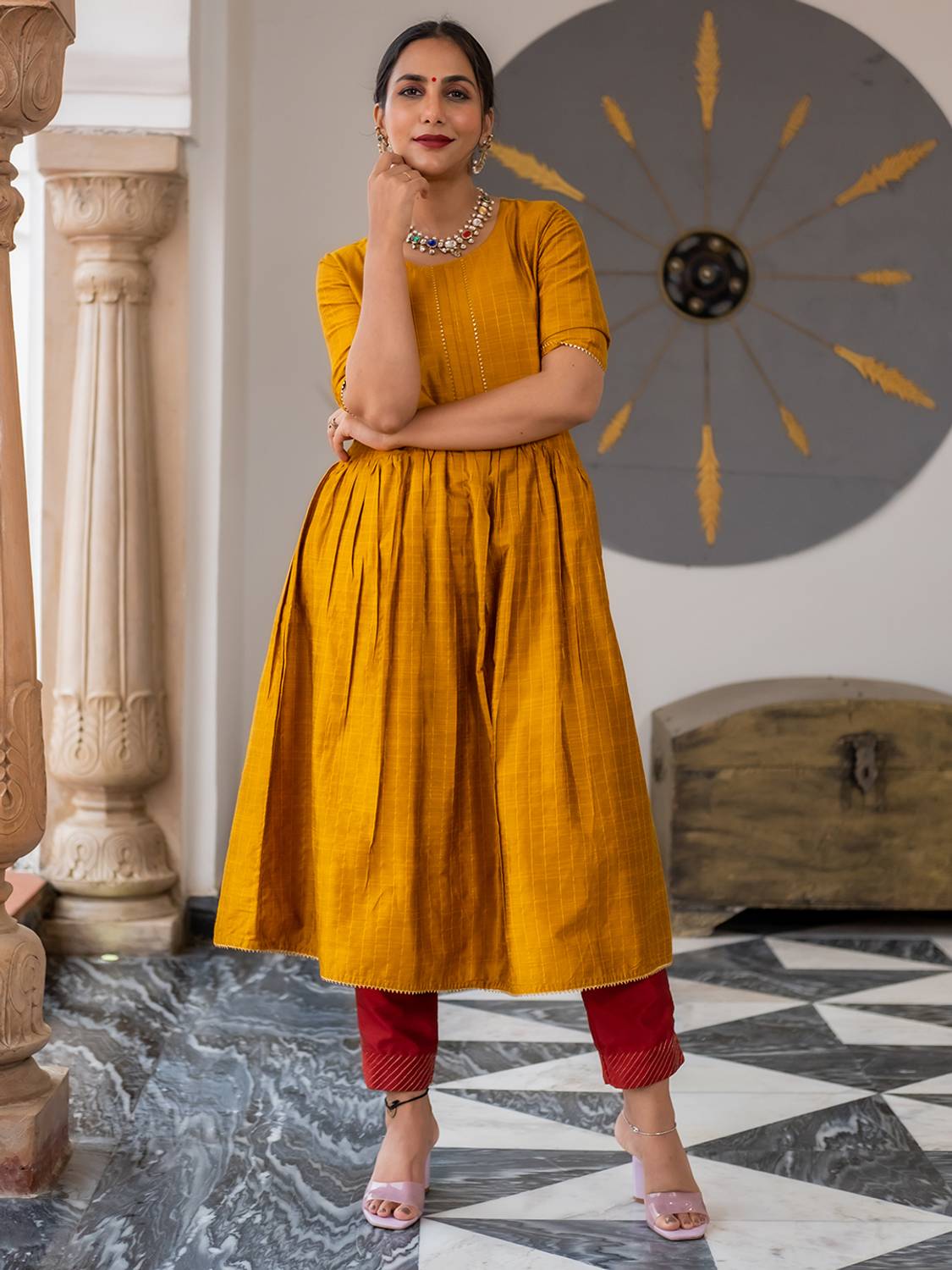 Jaipur Kurti Women Checkered Cotton Blend A-line Kurta (Yellow)