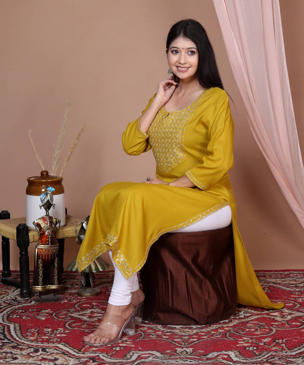 his&her Women Embroidered Viscose Rayon Straight Kurta (Yellow)