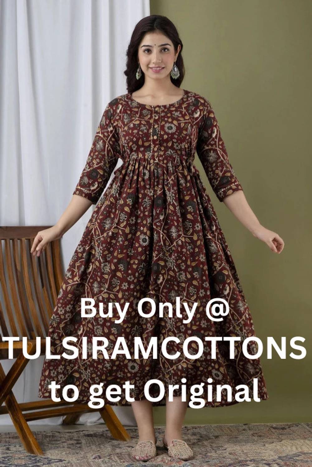 Tulsiram Women Printed Pure Cotton Anarkali Kurta (Maroon)