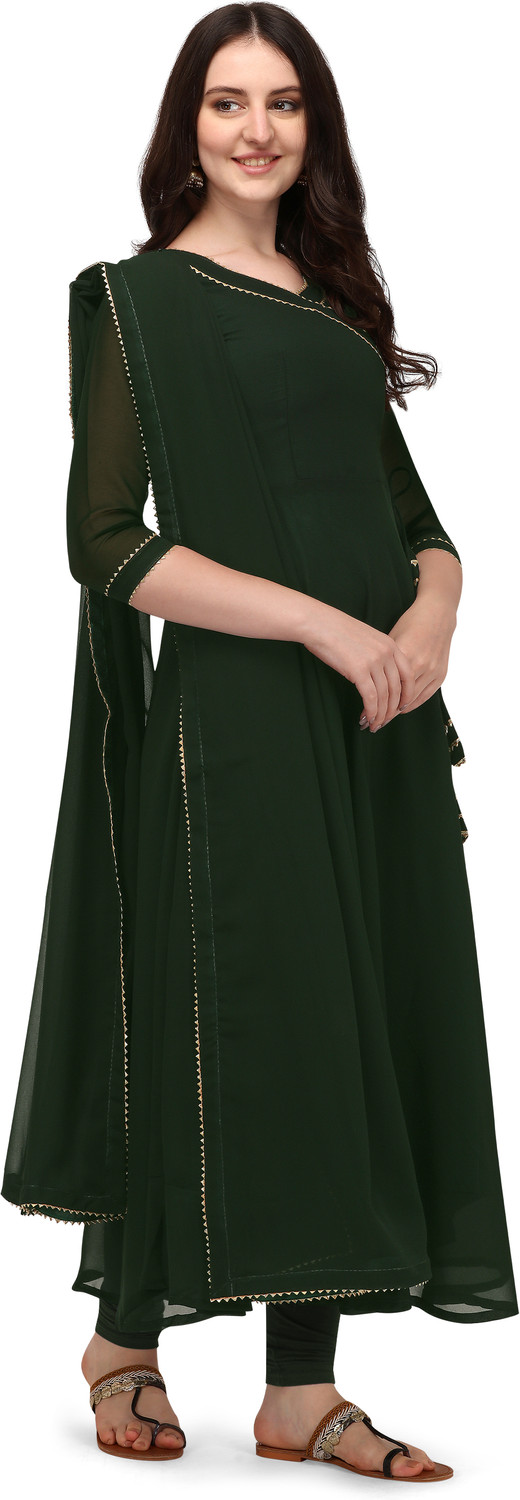 Image of HESVI Solid Georgette Anarkali Kurta for Women (Green)