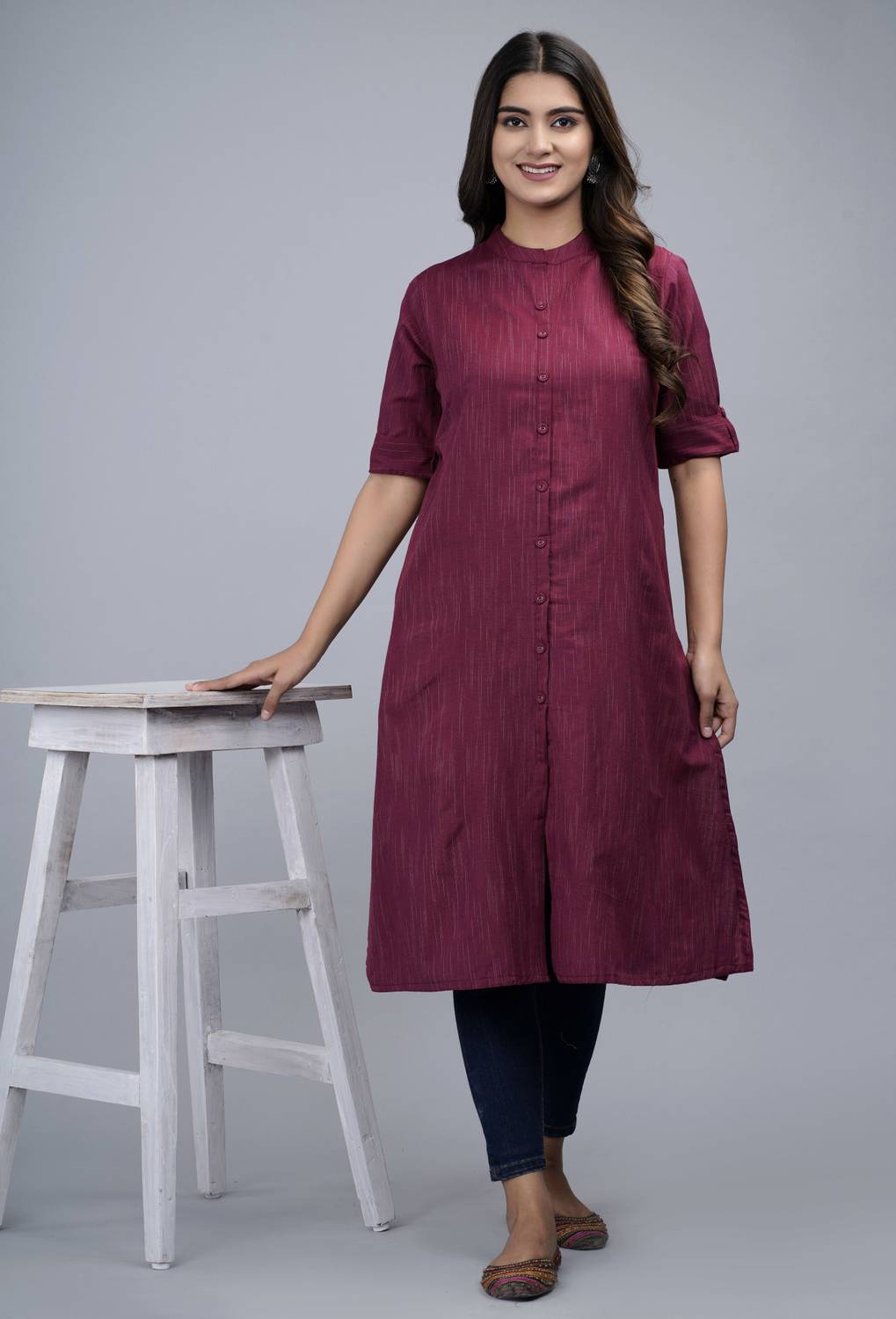 heartloom Women Solid Cotton Blend A-line Kurta (Maroon, White)