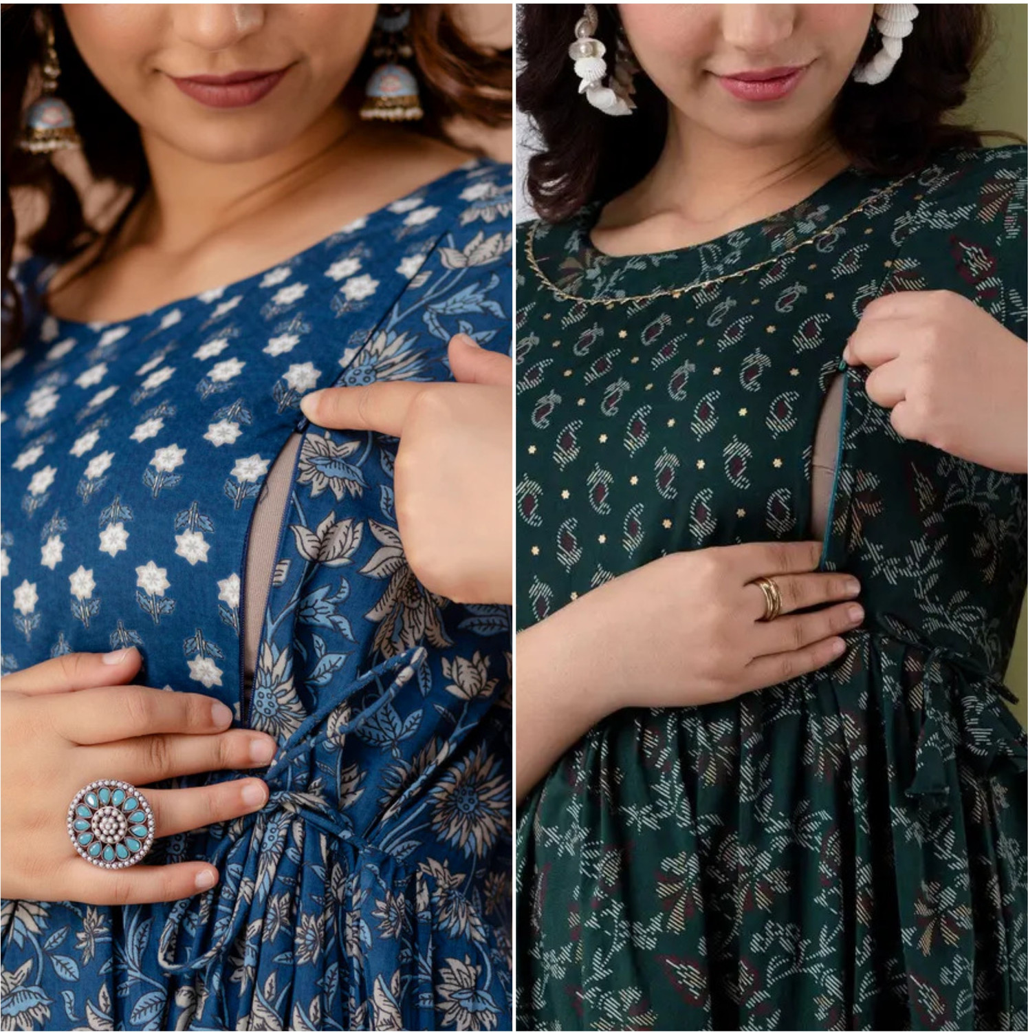 Image of Feemel Textiles Pack of 2 Floral Print, Printed Cotton Rayon Gown Kurta for Women (Blue, Dark Green)