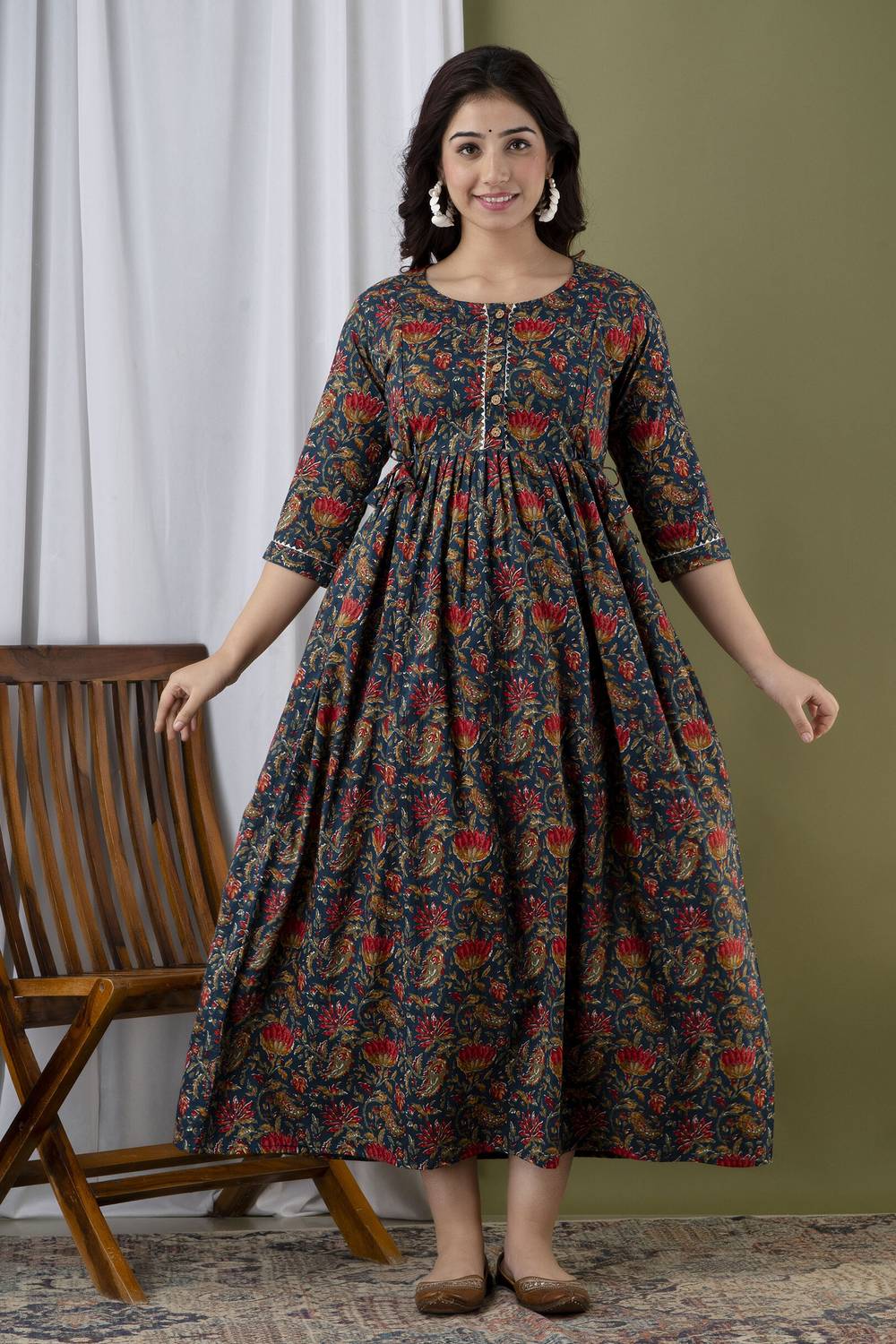 Madfury Women Printed Pure Cotton Anarkali Kurta (Blue)