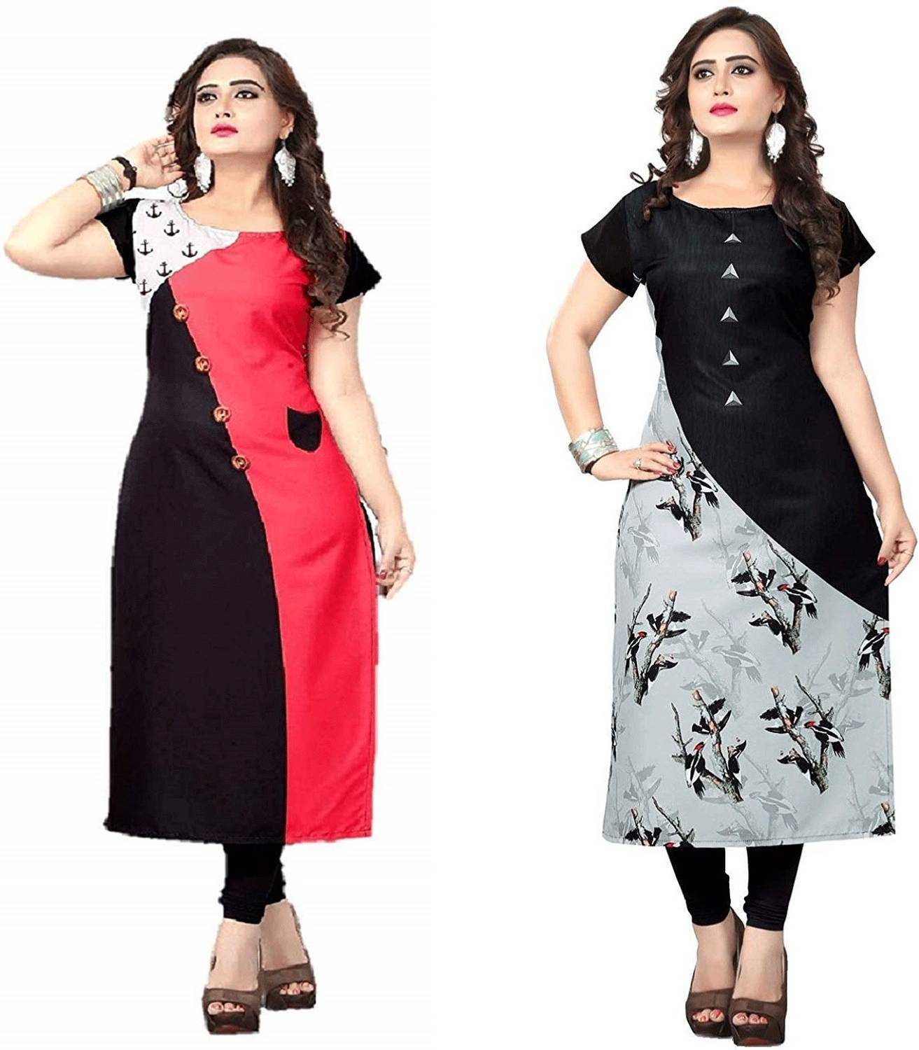 AK Fashion Pack of 2 Women Printed Crepe A-line Kurta (Red, Black