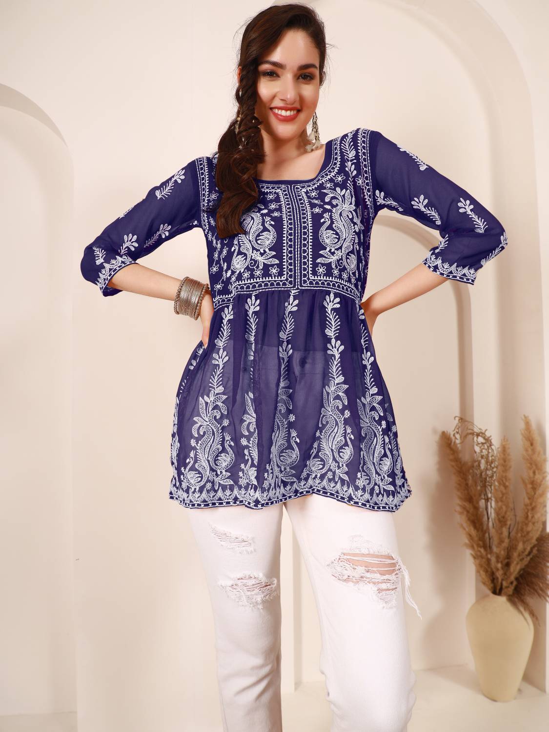 Youthnic Women Chikan Embroidery Georgette Flared Kurta (Dark Blu