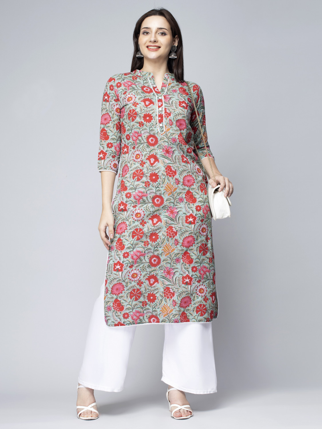 Image of GREYSHADE Women Floral Print Straight Kurta