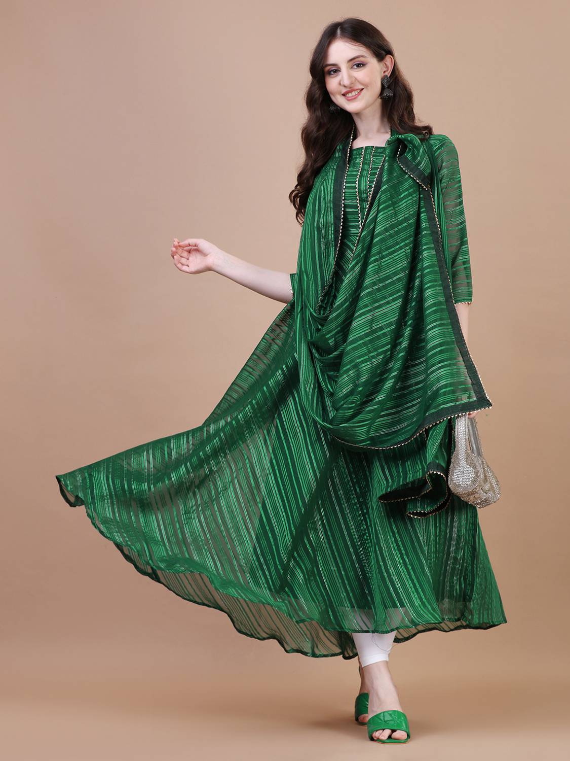 PMD Fashion Women Striped Georgette Anarkali Kurta With Attached