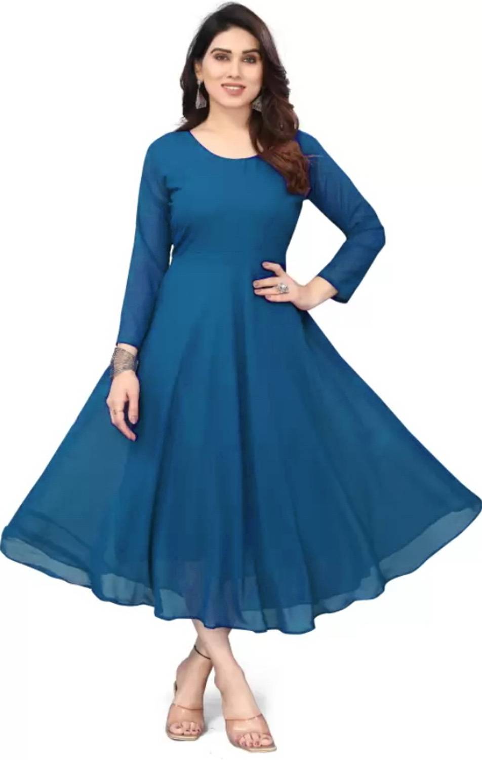Lakshya Fashion Mart Women Solid Georgette Flared Kurta (Dark Blu
