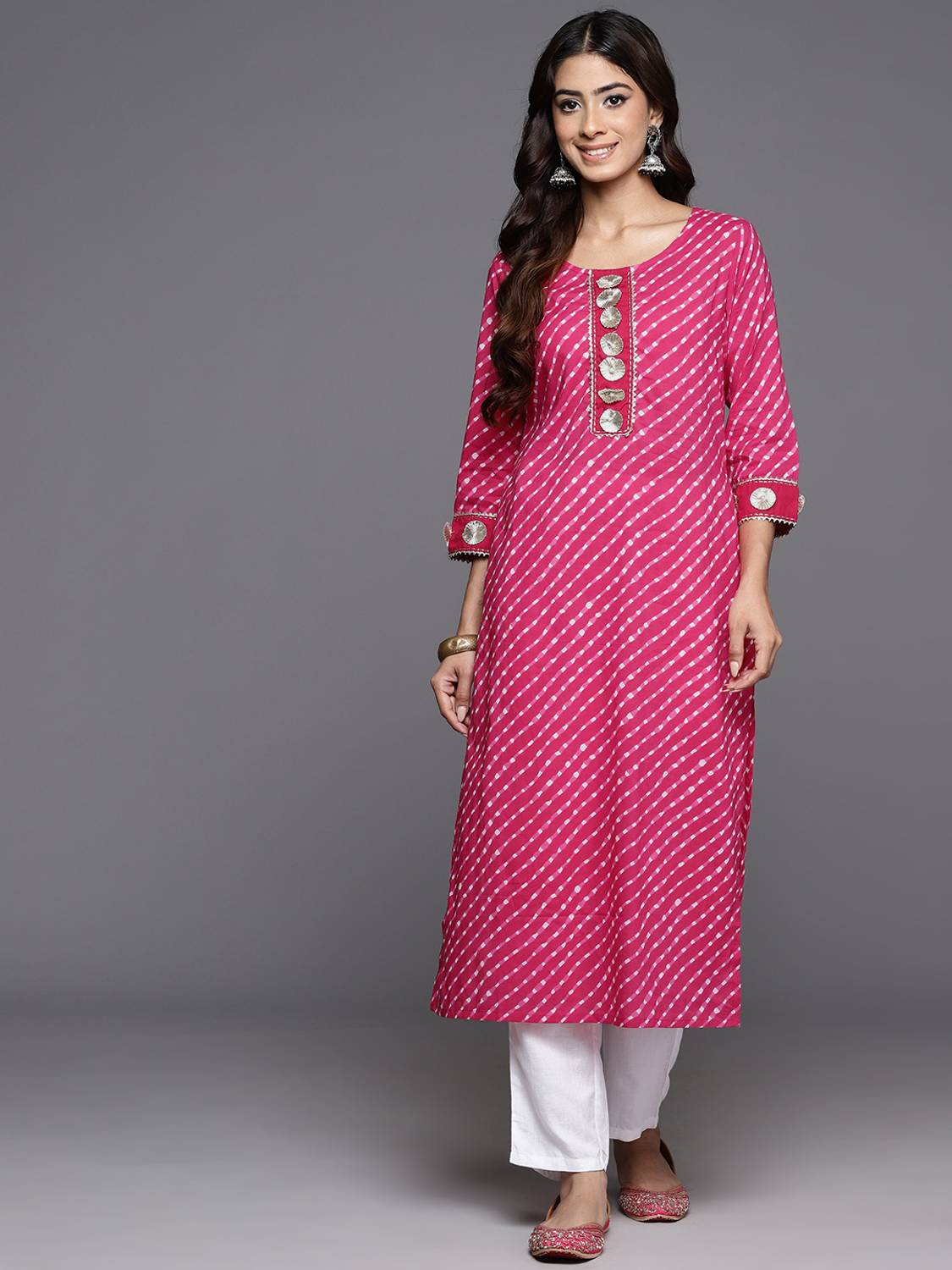 LIBAS Women Striped Cotton Blend A-line Kurta (Pink, White)