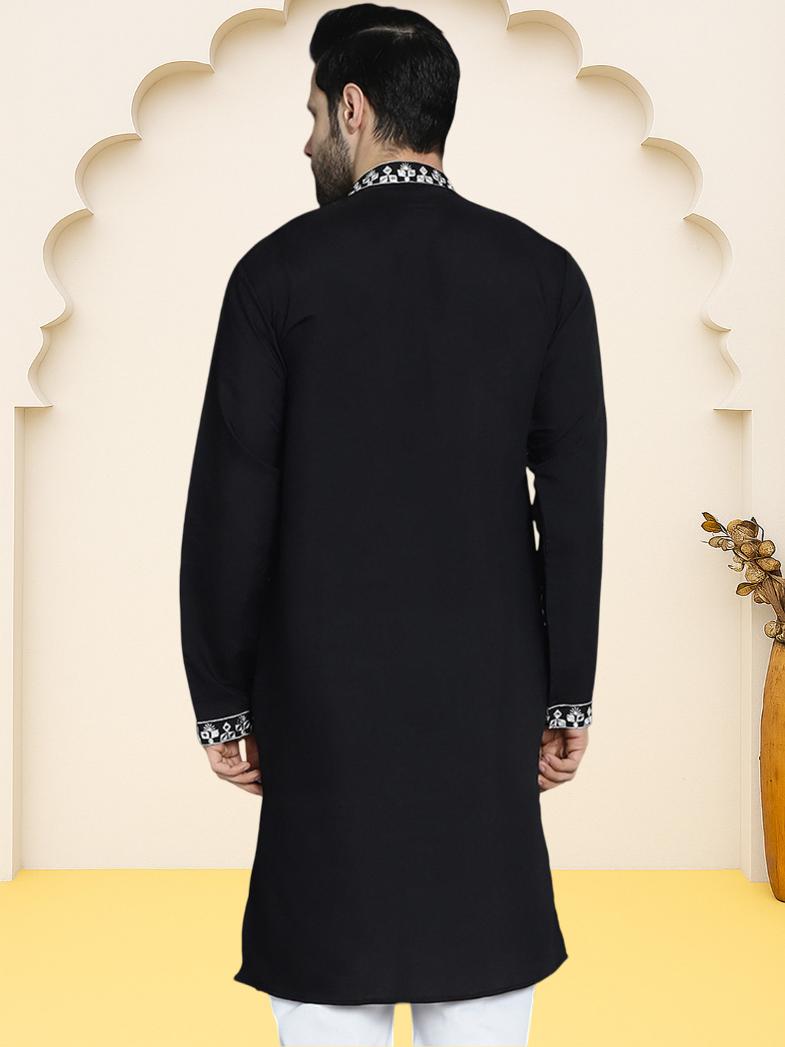 Image of Jompers Embroidered Silk Blend Straight Kurta for Men (Black)