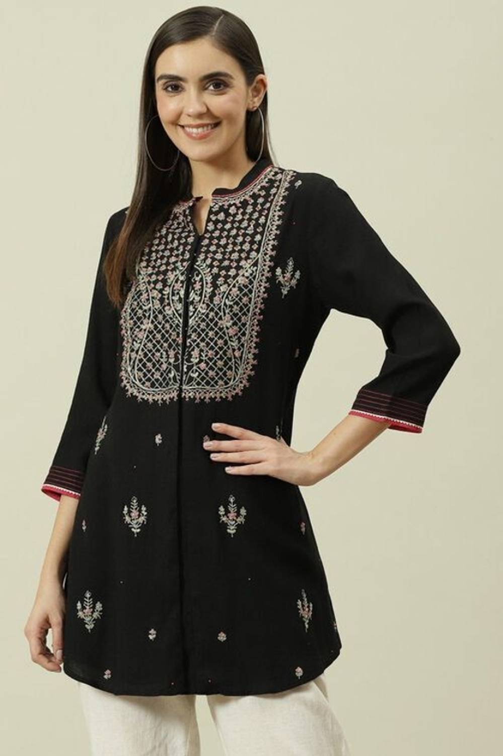 BIBA Women Printed Viscose Rayon Straight Kurta (Black)