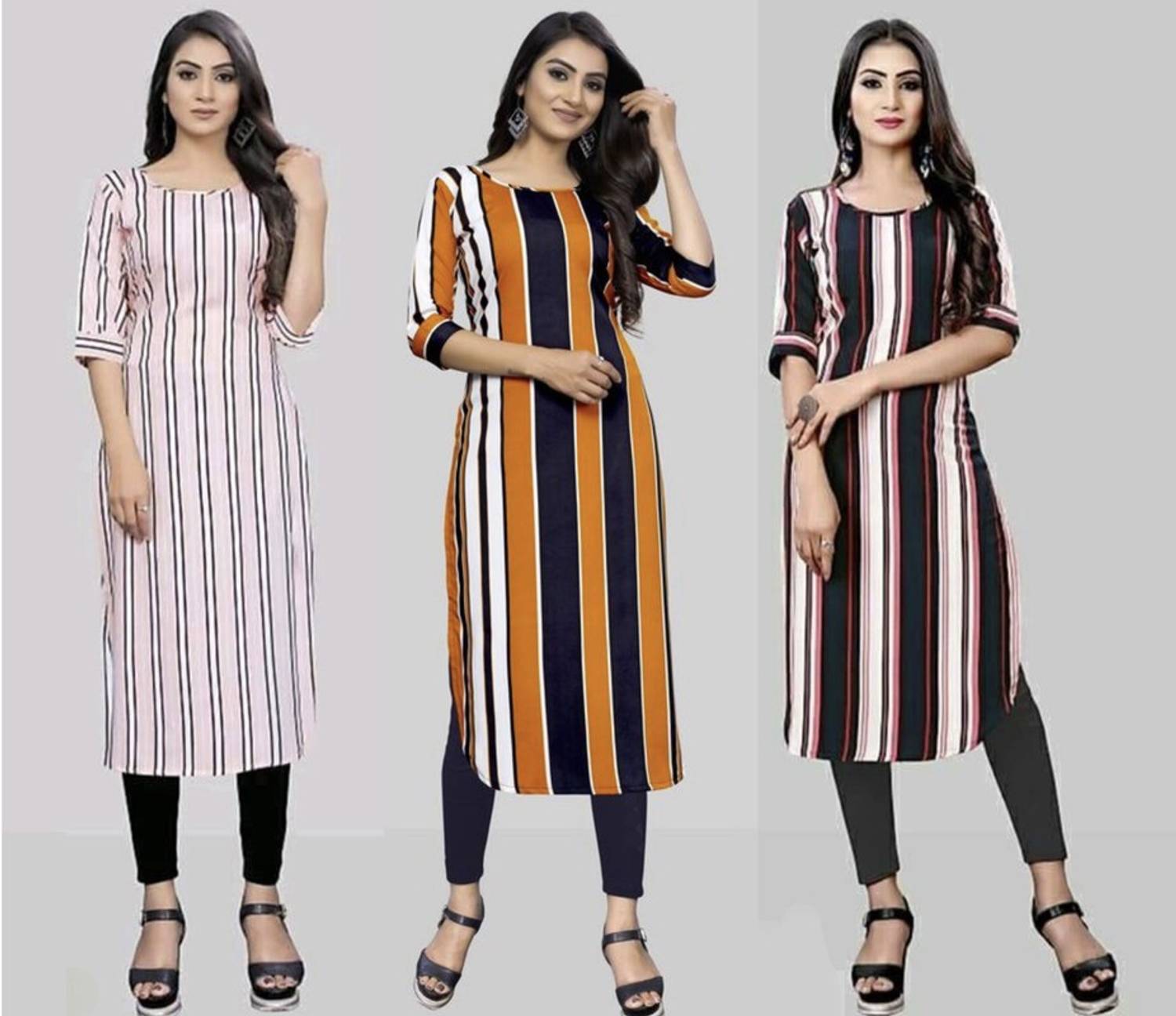 ak fashion mall Pack of 3 Women Striped Crepe A-line Kurta (Multi