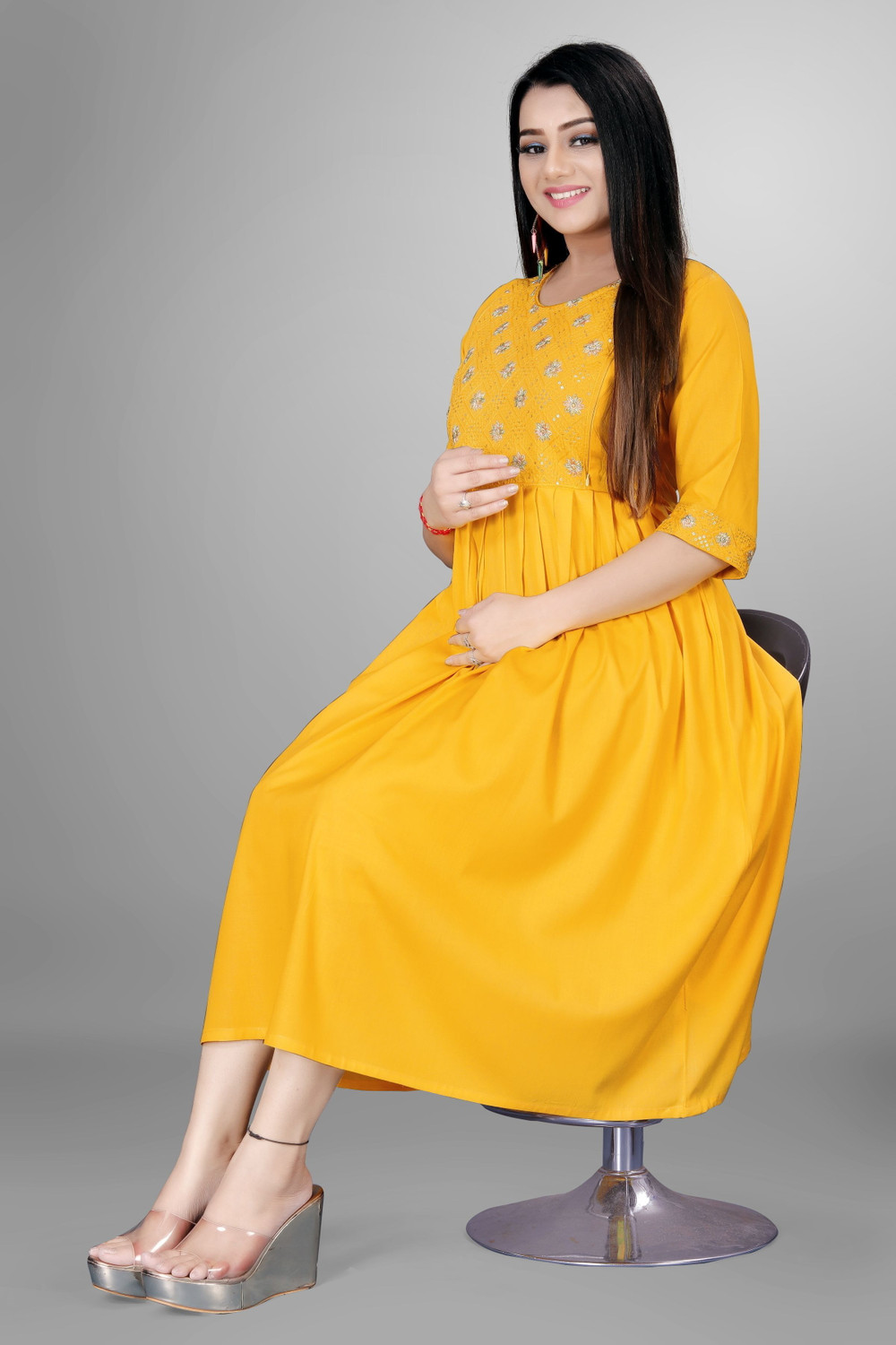 Image of sheladiya Women Fit and Flare Yellow Midi /Calf Length Dress