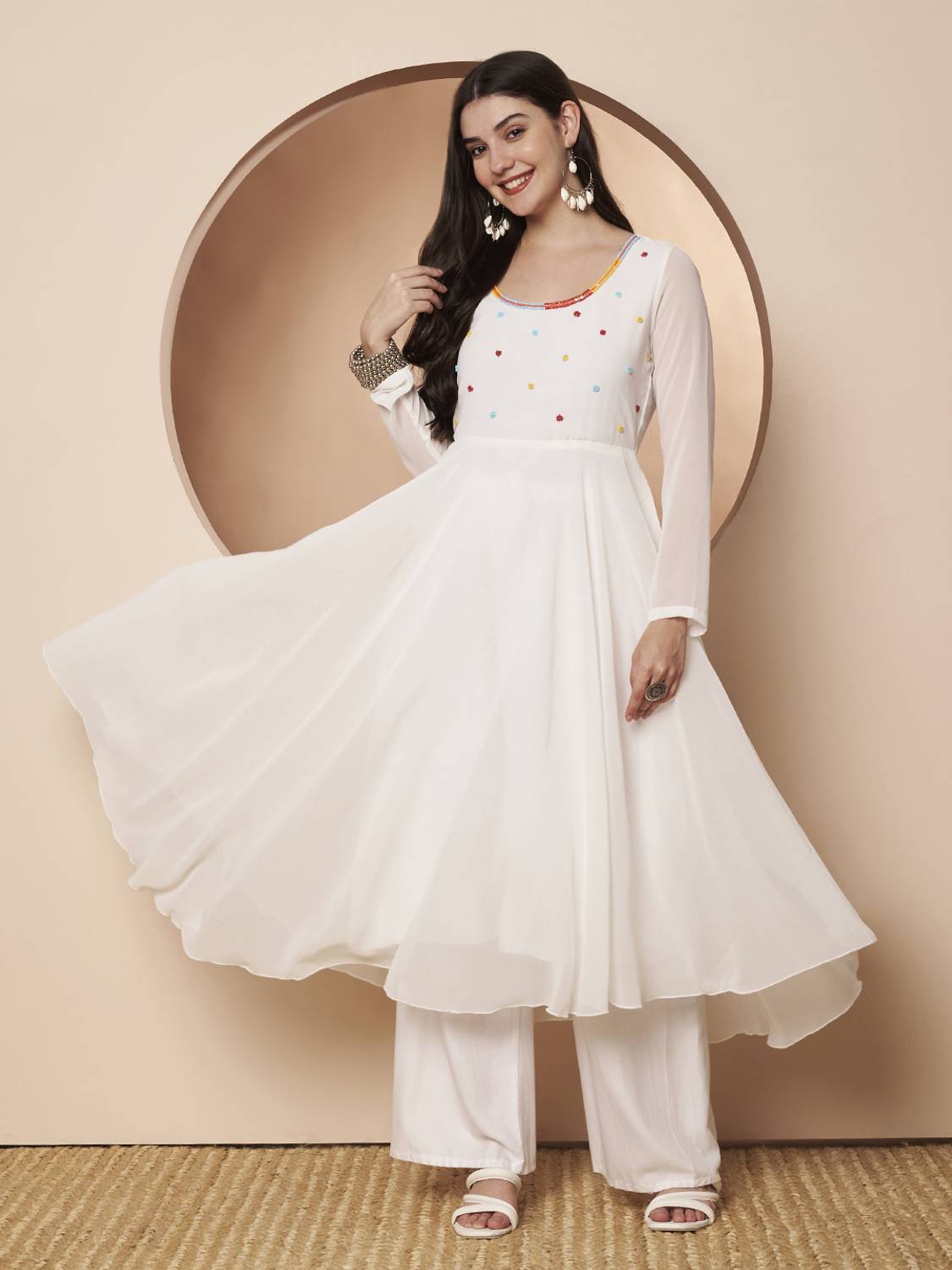 Poshak Hub Women Embroidered Georgette Anarkali Kurta (White)