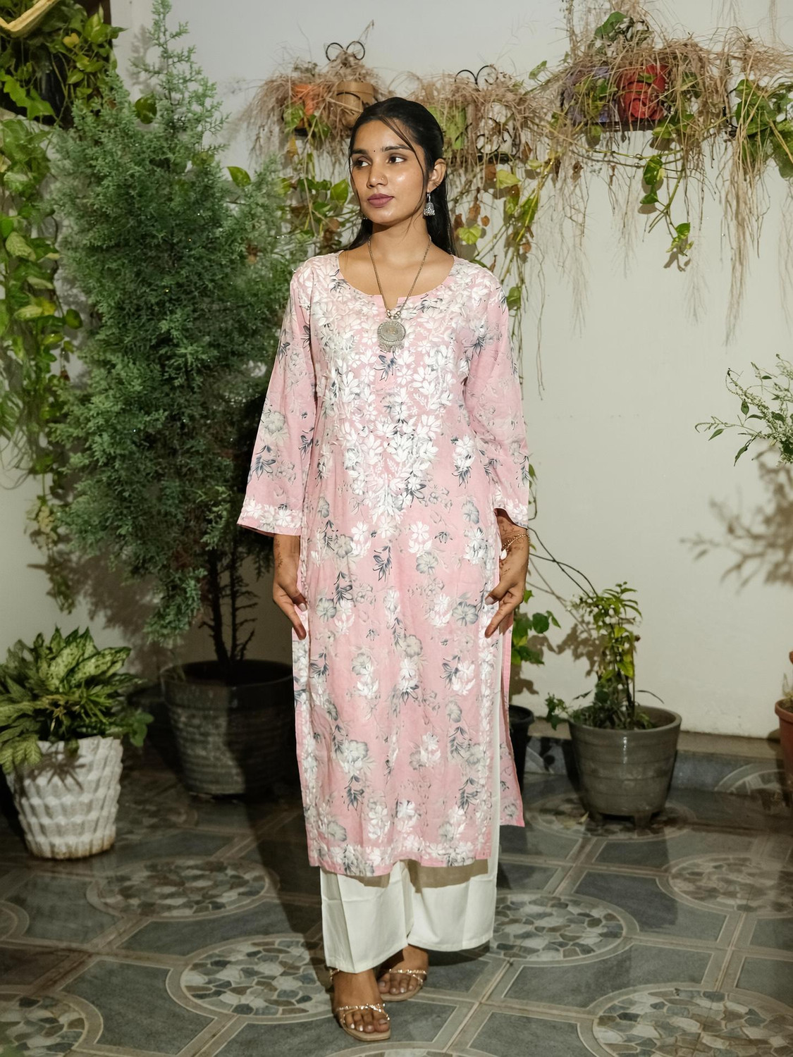 Image of Elegance Hub Women Floral Print, Embroidered Straight Kurta