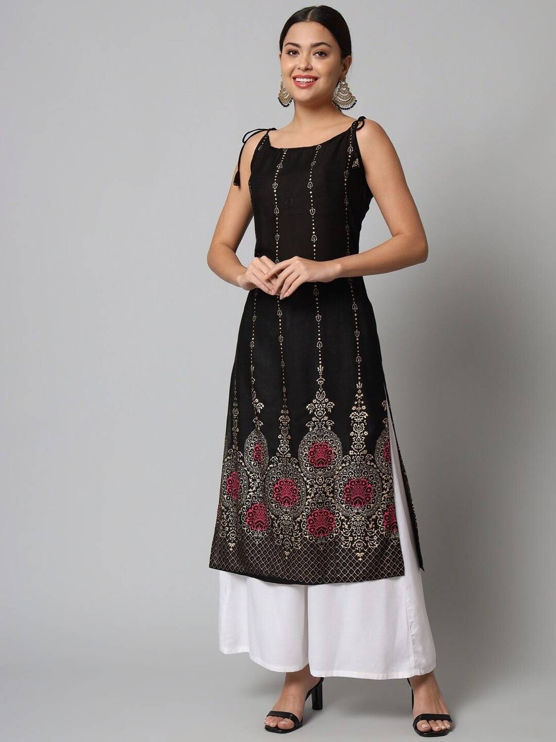 HARSUKHI Women Floral Print Viscose Rayon Straight Kurta (Black)