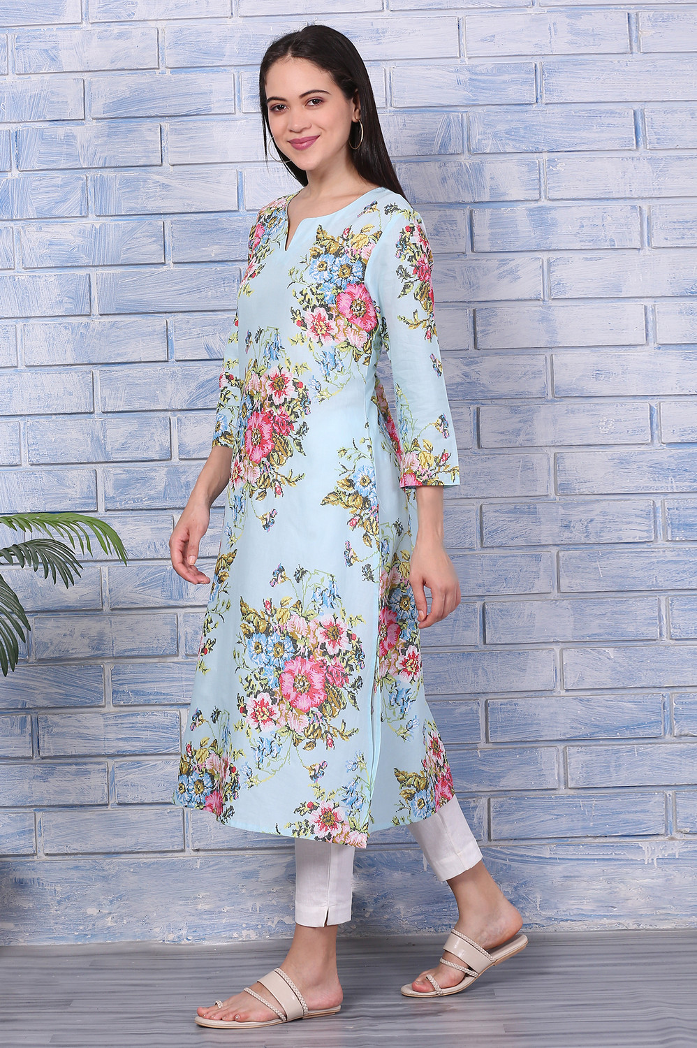 Image of W Floral Print Pure Cotton Straight Kurta for Women (Multicolor)