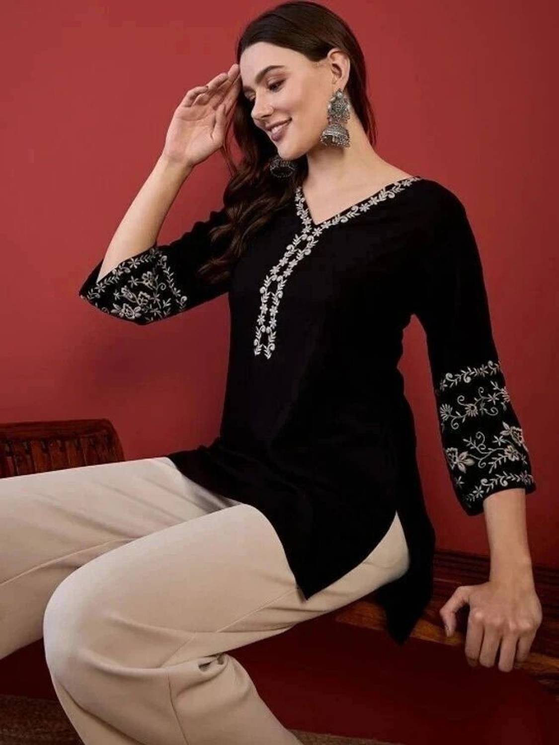 Mahira's Comfort Women Embroidered Cotton Rayon A-line Kurta (Bla