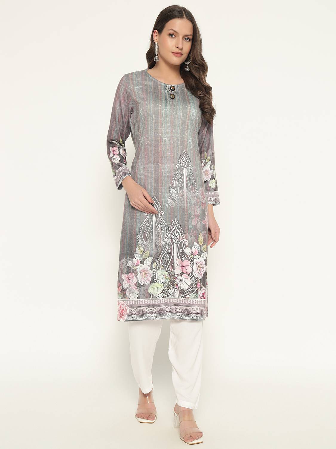 Kaily Women Embroidered Wool Straight Kurta (Dark Green)