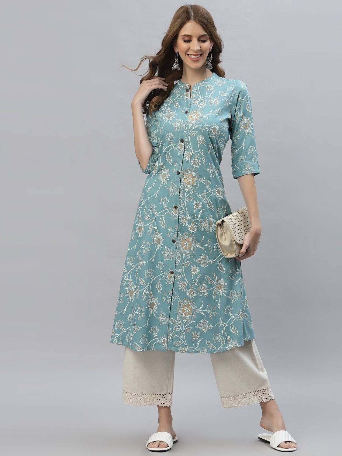PYARELAL Women Floral Print Viscose Rayon A-line Kurta (Blue)