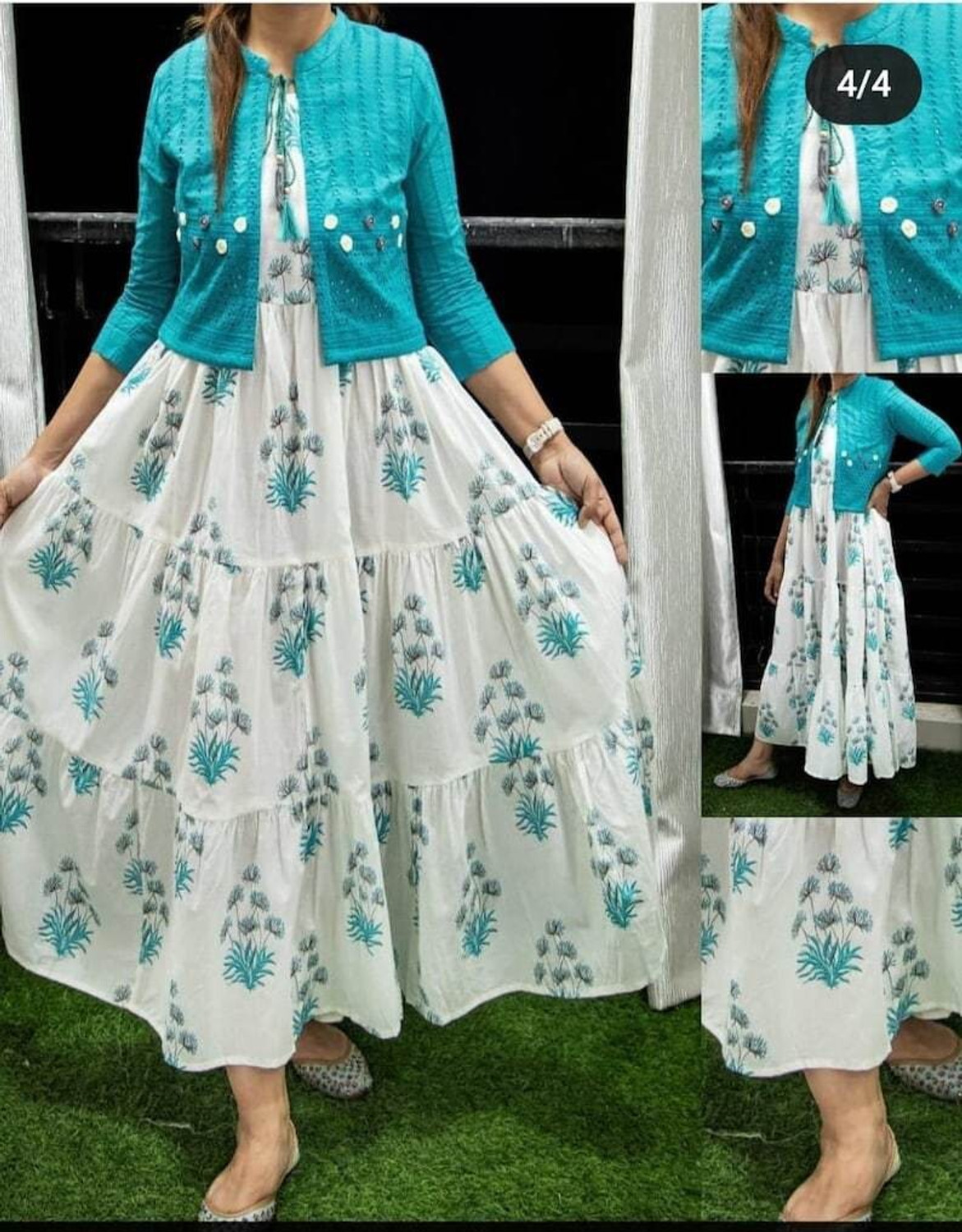 Image of VEERANSU Women Fit and Flare Light Blue, White Above Knee /Mid Thigh Length Dress