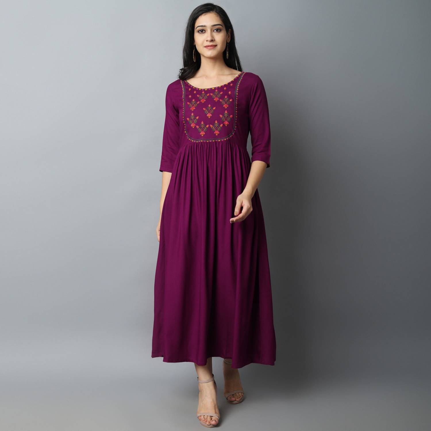 Kriska Women Embroidered Viscose Rayon A-line Kurta (Maroon)