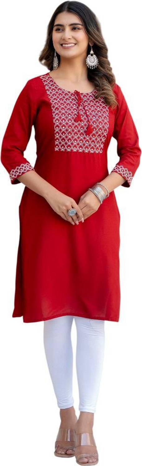 MF HAYAT Women Embroidered Viscose Rayon Straight Kurta (Maroon)