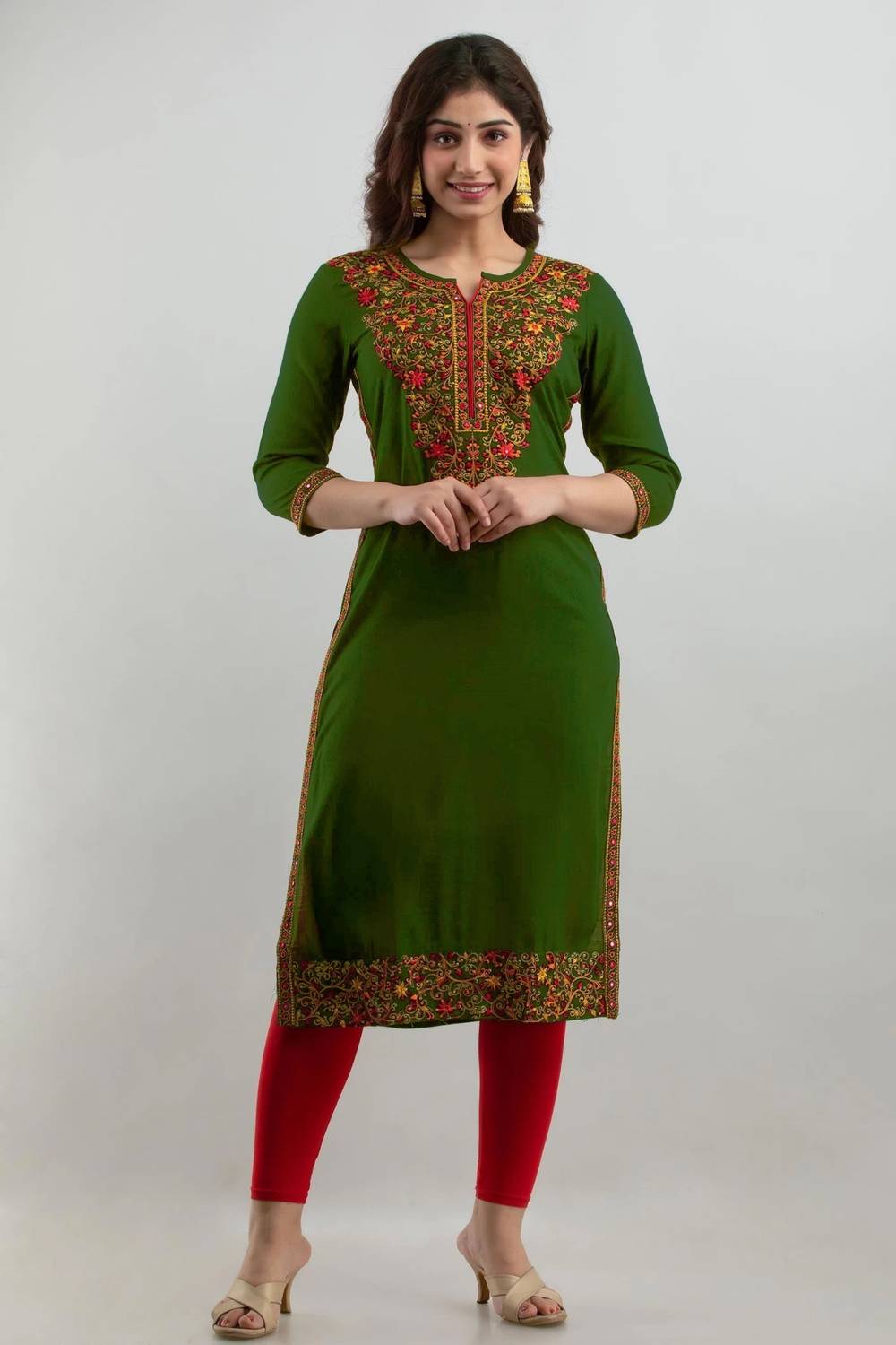 GOMOSWA INTERNATIONAL Women Embroidered Viscose Rayon A-line Kurt