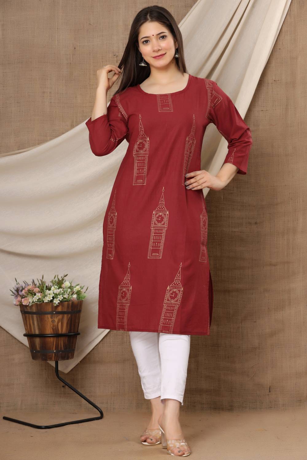 Surhi Women Printed Pure Cotton Straight Kurta (Maroon)