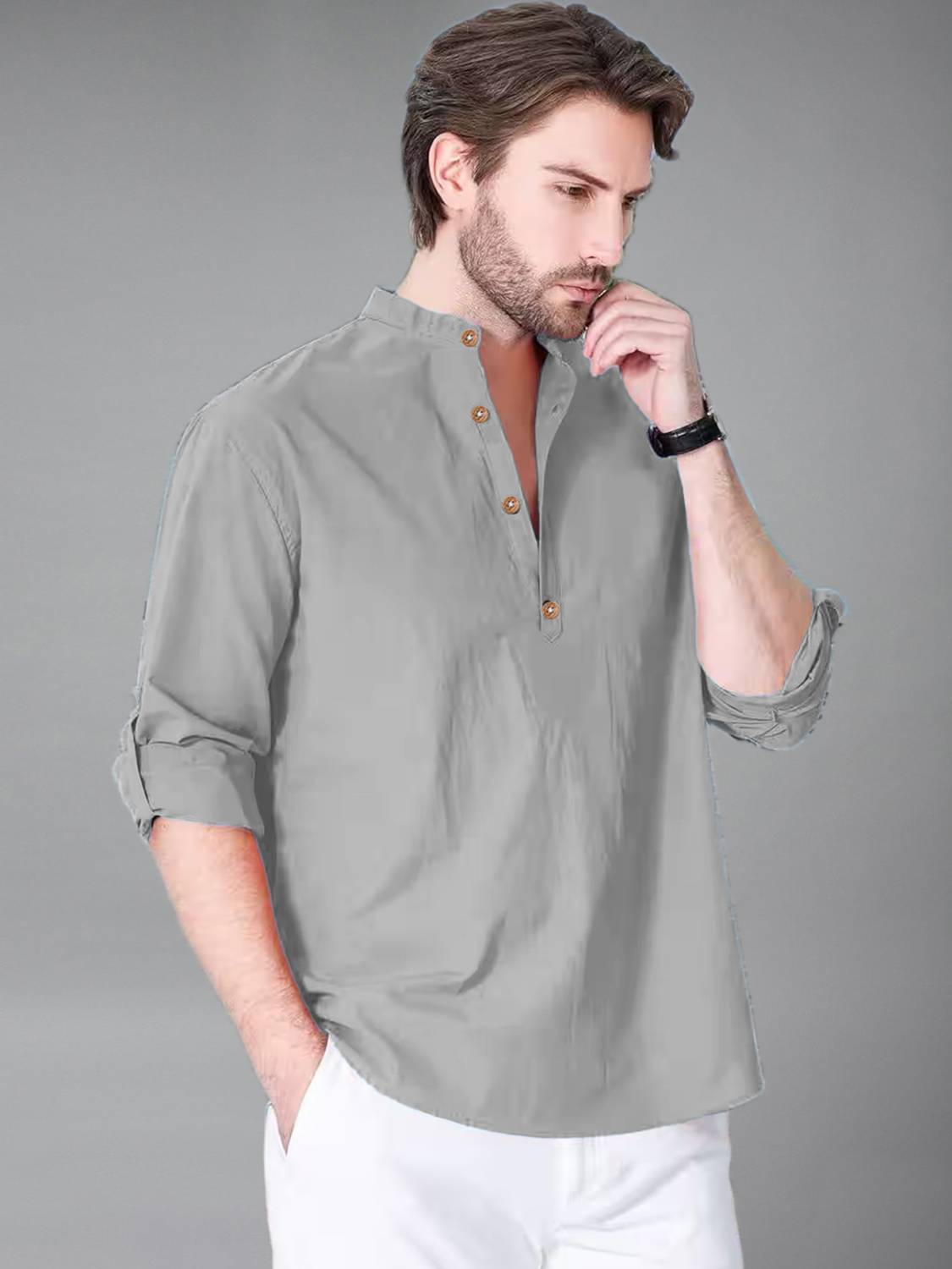 UNIFAV Men Gray Straight Kurta - Image 3