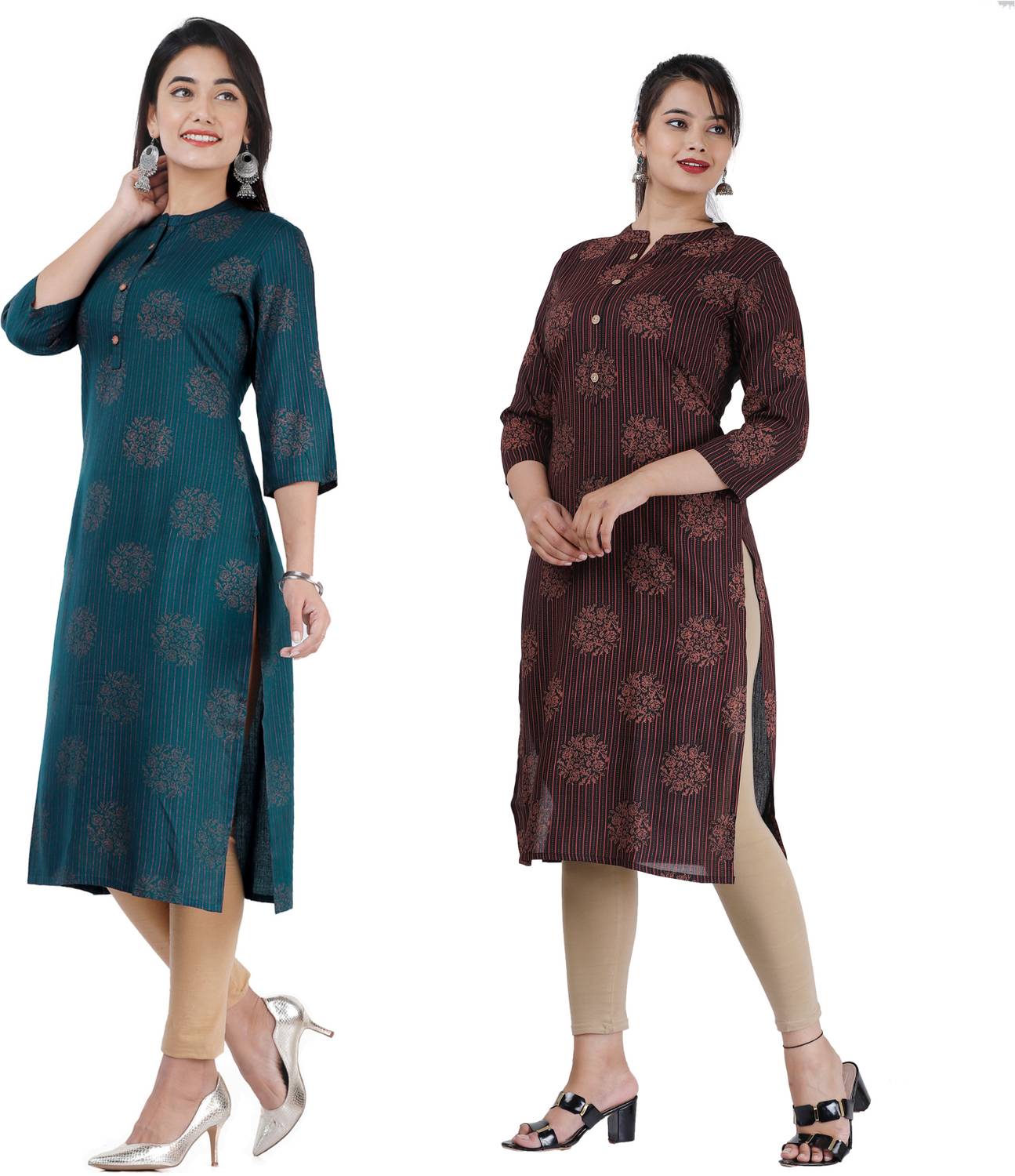 SATVEER FASHION Pack of 2 Women Printed Viscose Rayon Straight Ku