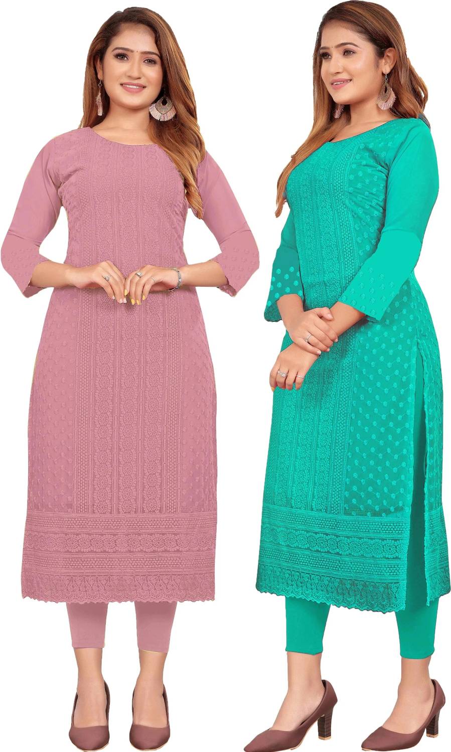 KAYRAAH Pack of 2 Women Chikan Embroidery Georgette Straight Kurt