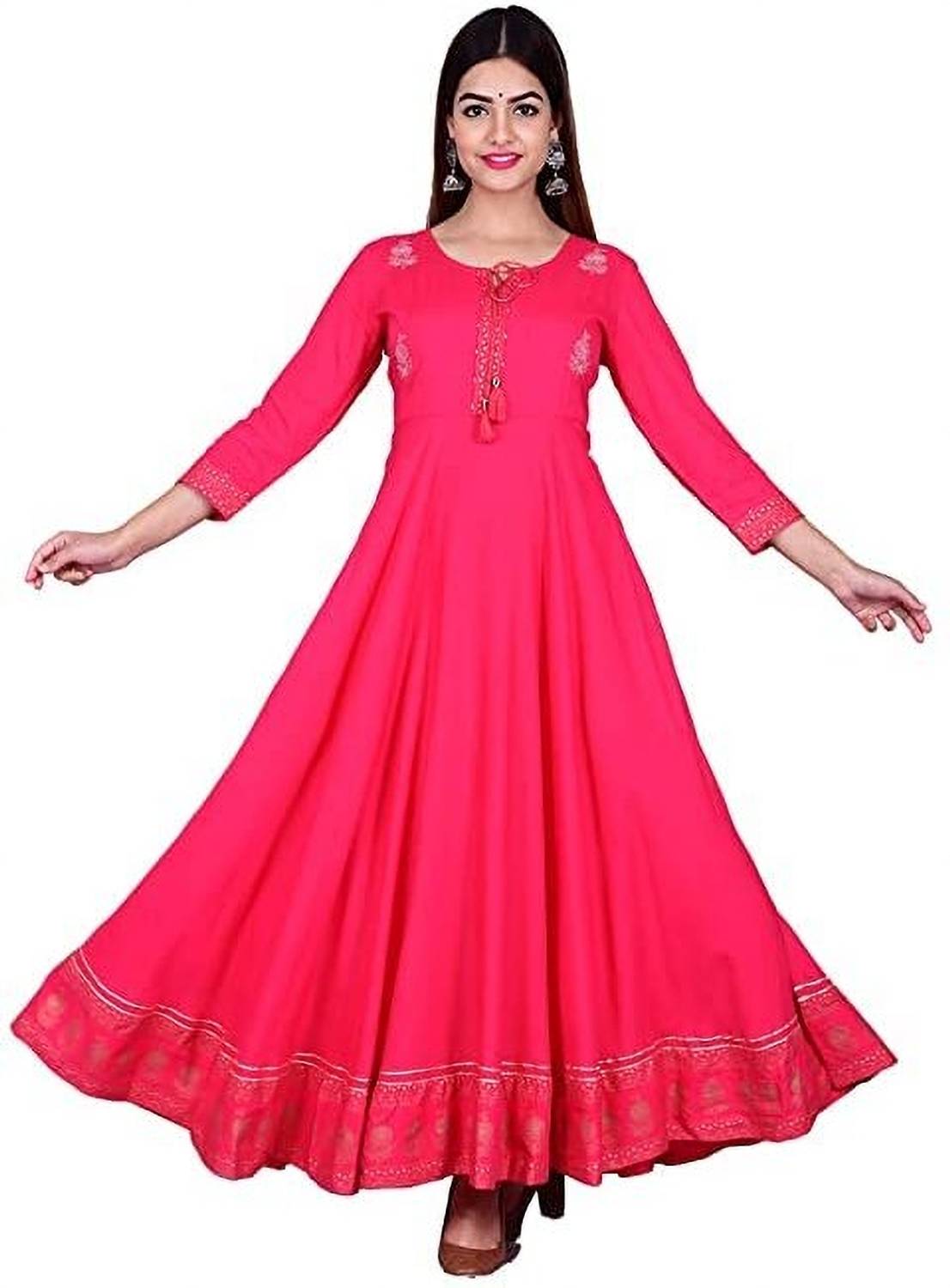 Style N Trend Women Printed Viscose Rayon Anarkali Kurta (Pink)