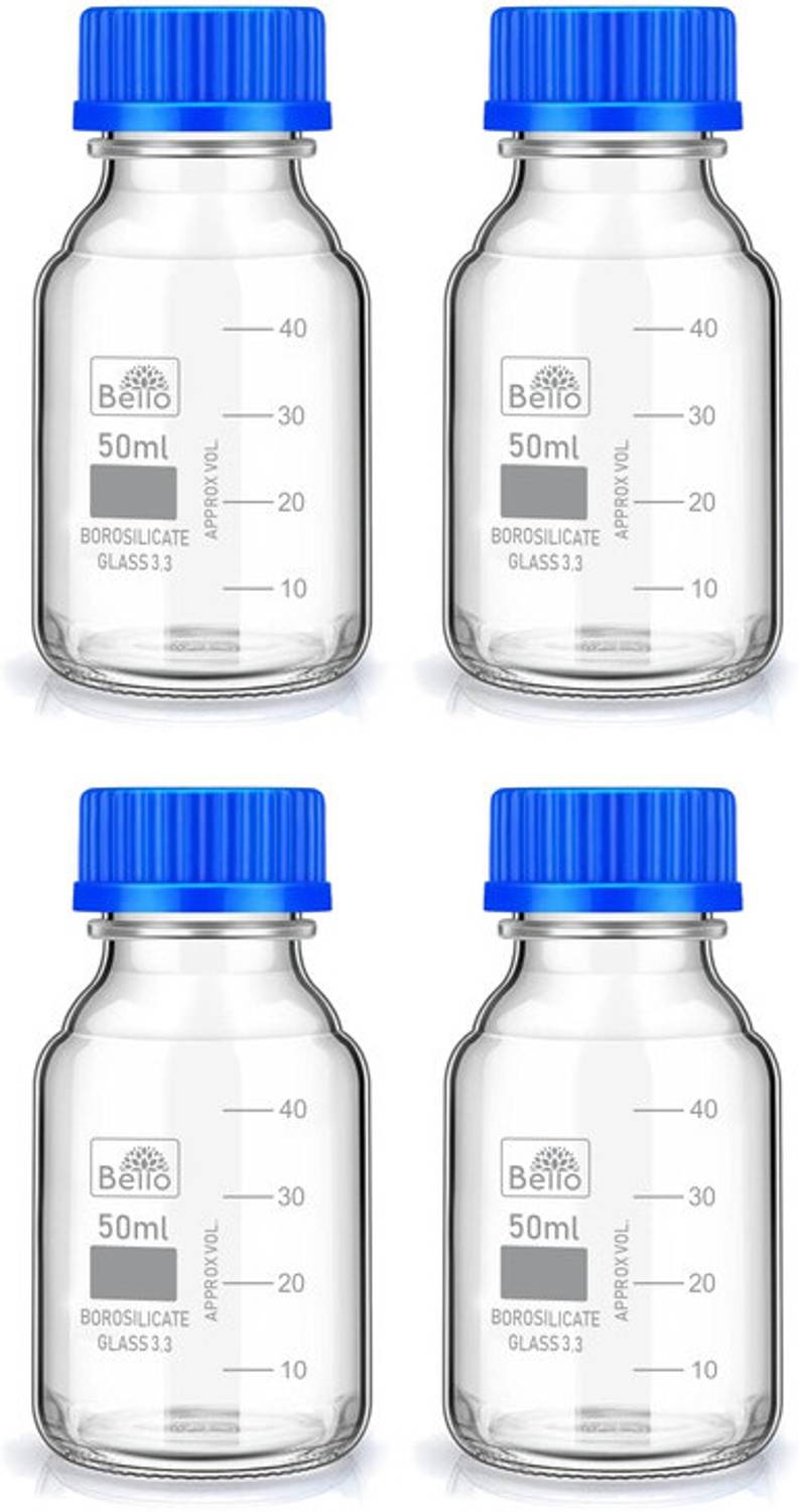 Bello Borosilicate Glass reagent bottle 50ml with leak proof Blue Screw Cap pack of 4 Laboratory Dropper Bottle