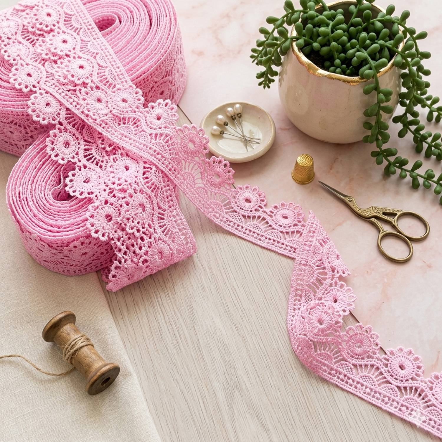 Febroidery Baby Pink colour sunrise flower design 4.5 Meters(Width:1.5 Inch) Lace Reel