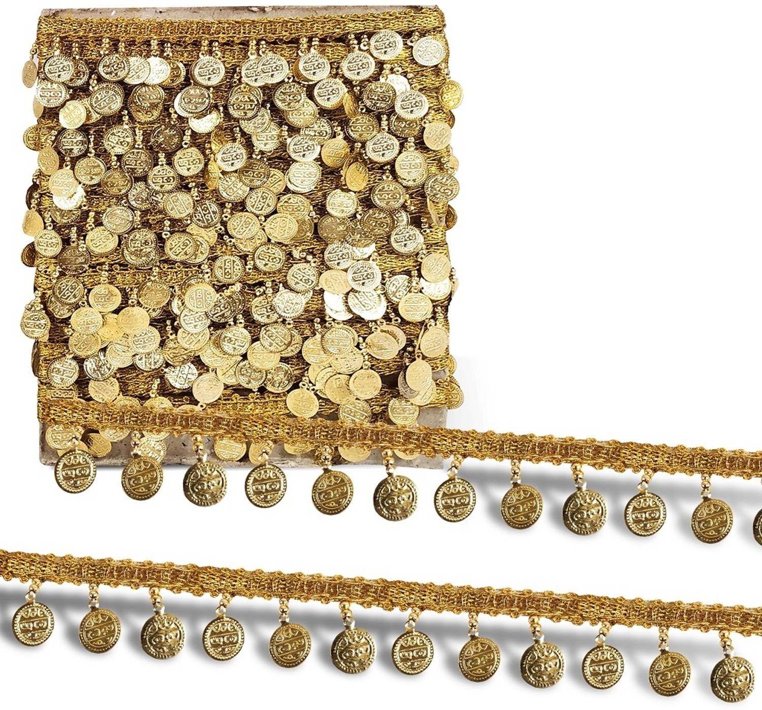 Image of Stylewell CWG0414-01 (3cm X 8.5 Mtr) Golden Coin /sikka Hanging Latkan Fringe Gota Trim Lace Border Lace Reel