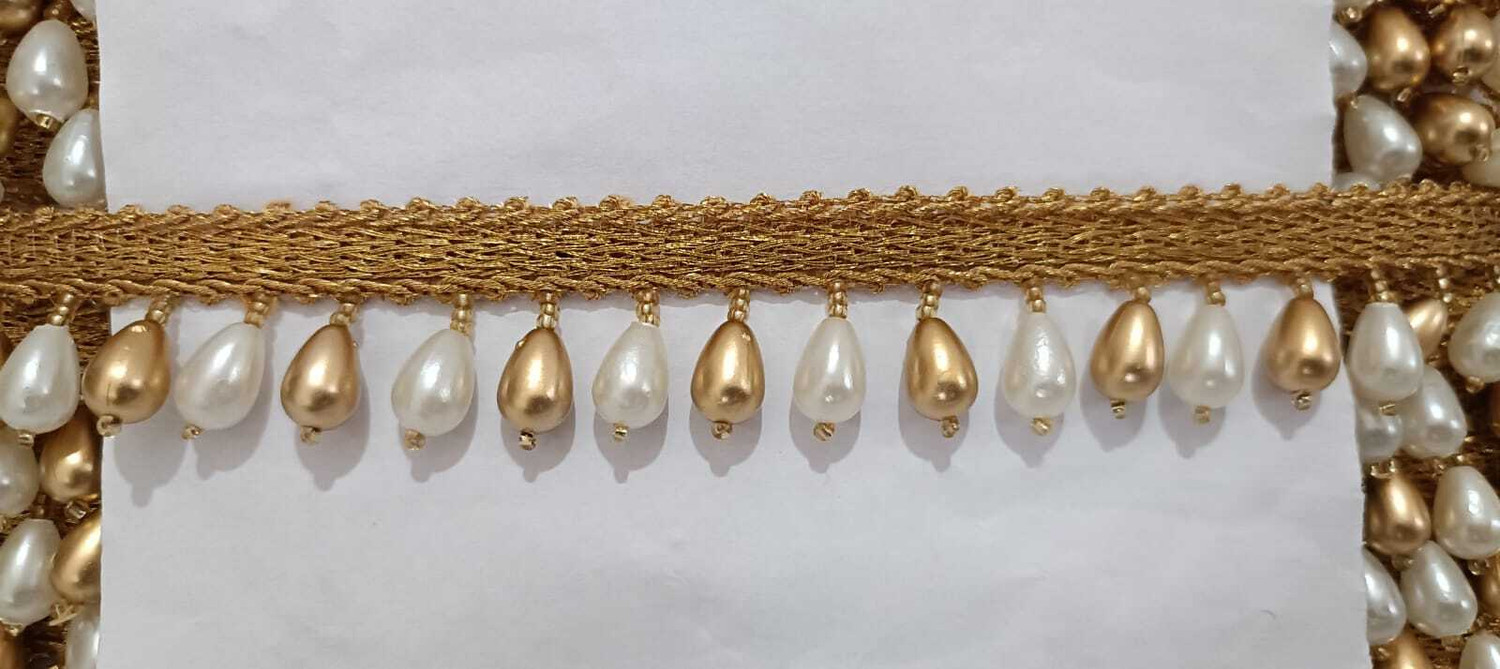 Image of JAY MAJISA 2 Mtr Golden Droplet & Pearl Fringe Lace for Saree /Lehenga Luxurious Gold & White Beaded Border Trim for Bridal Crafts Lace Reel