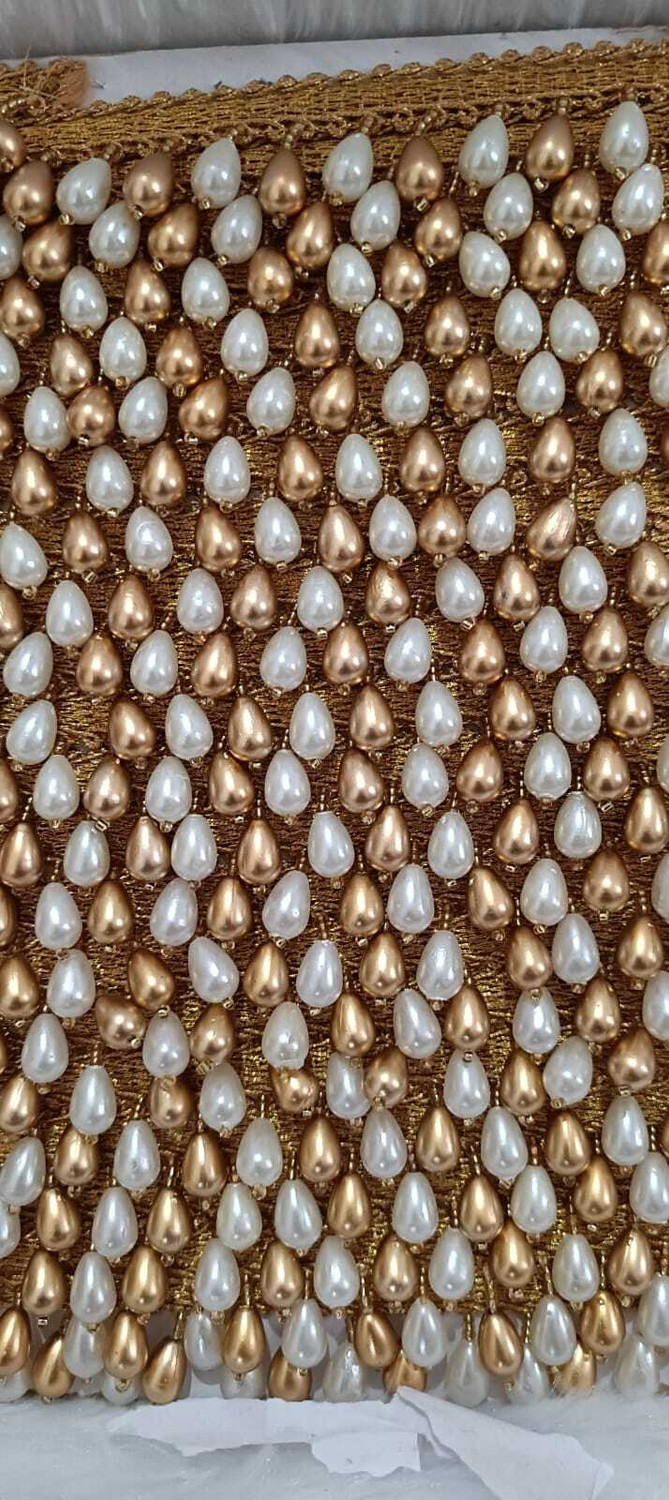 Image of JAY MAJISA 2 Mtr Golden Droplet & Pearl Fringe Lace for Saree /Lehenga Luxurious Gold & White Beaded Border Trim for Bridal Crafts Lace Reel