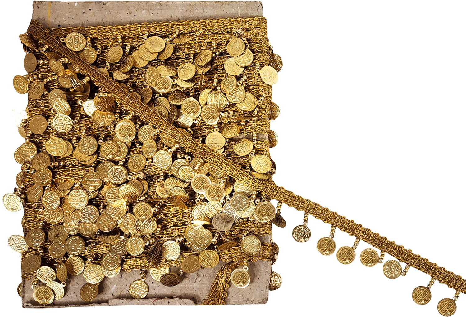 Image of Stylewell CWG0414-01 (3cm X 8.5 Mtr) Golden Coin /sikka Hanging Latkan Fringe Gota Trim Lace Border Lace Reel